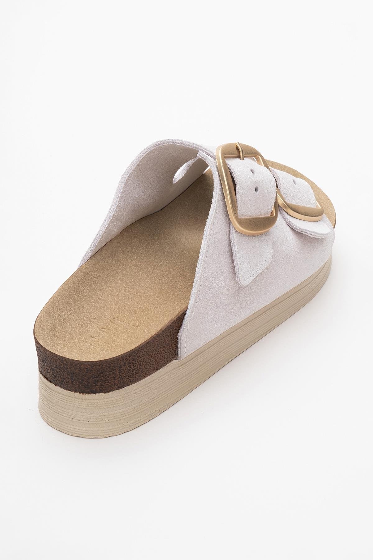 Harbor - White Suede Leather Two-Strap Sandal – back view showing leather, suede, white, Vowalisse