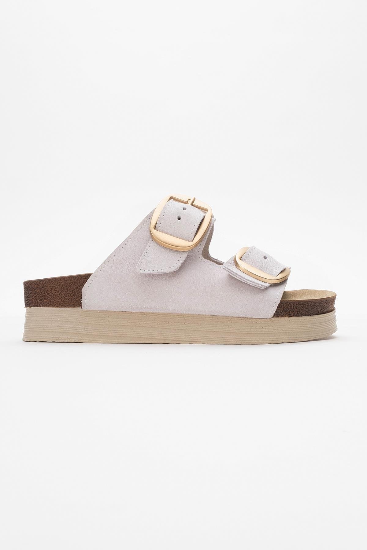 Harbor - White Suede Leather Two-Strap Sandal – top view showing leather, suede, white, Vowalisse