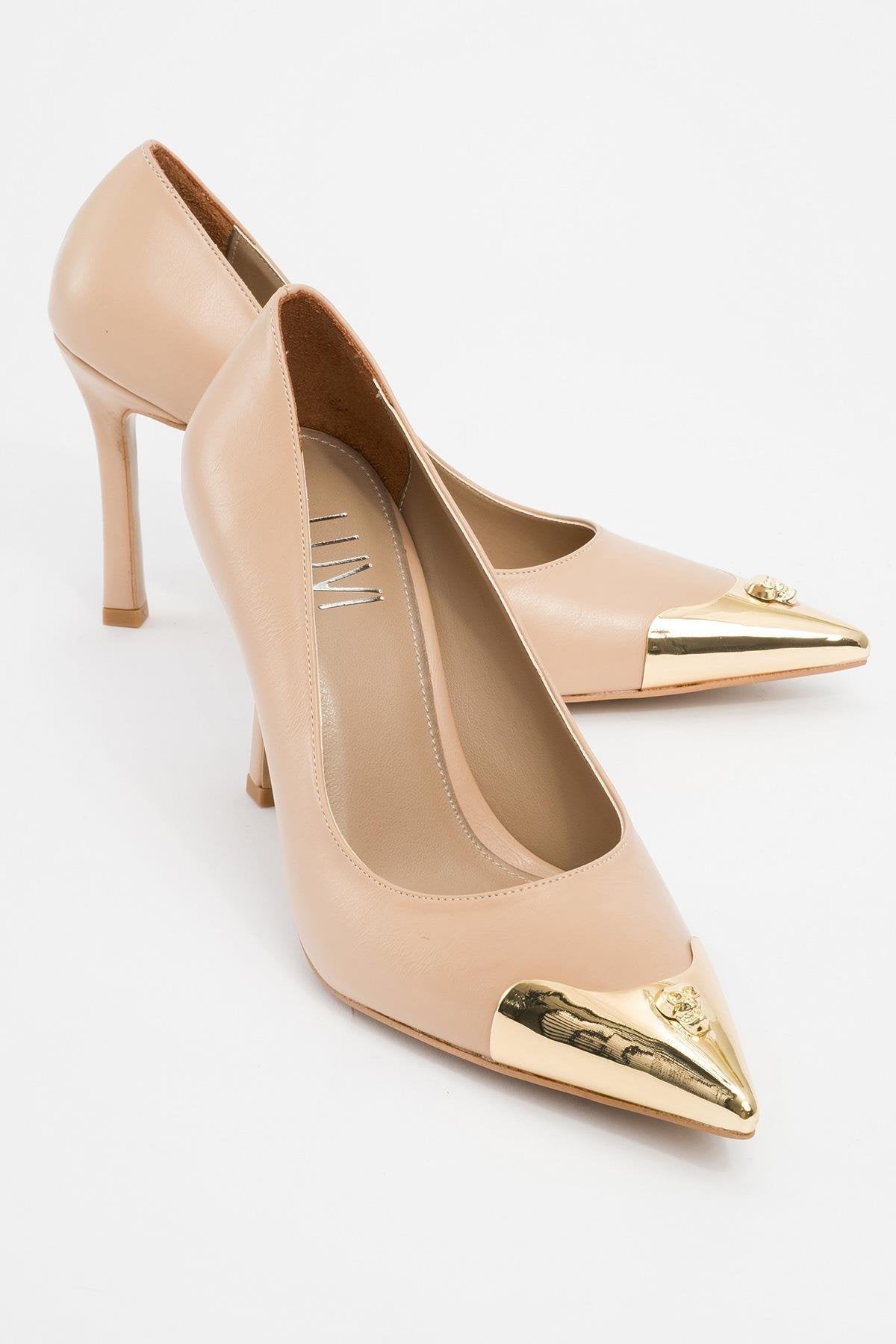 Pruva - Beige High Heel Shoe – front three-quarter view showing leather, Vowalisse