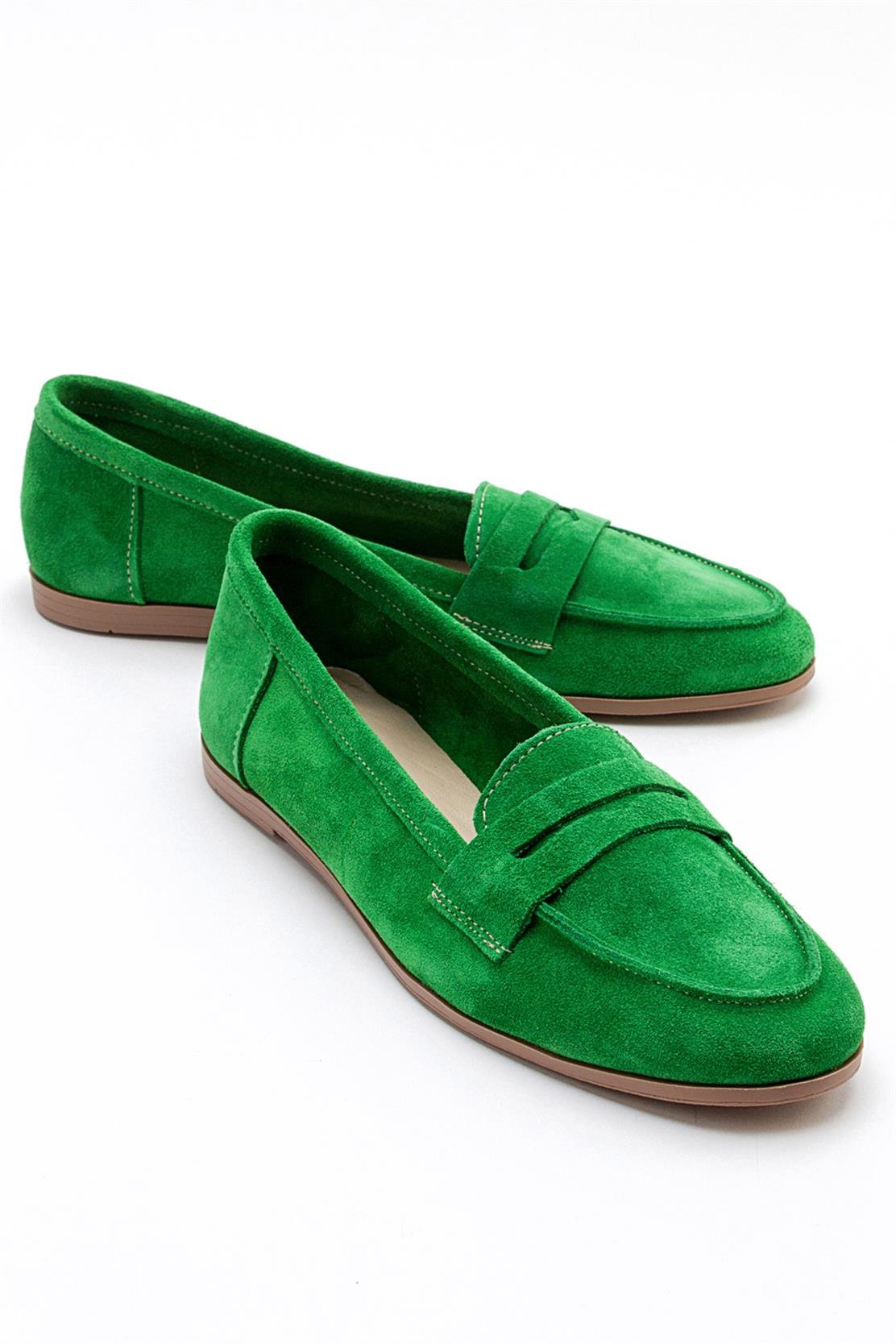 Dorothy - Green Suede Leather Loafers – front three-quarter view showing leather, suede, green, Vowalisse