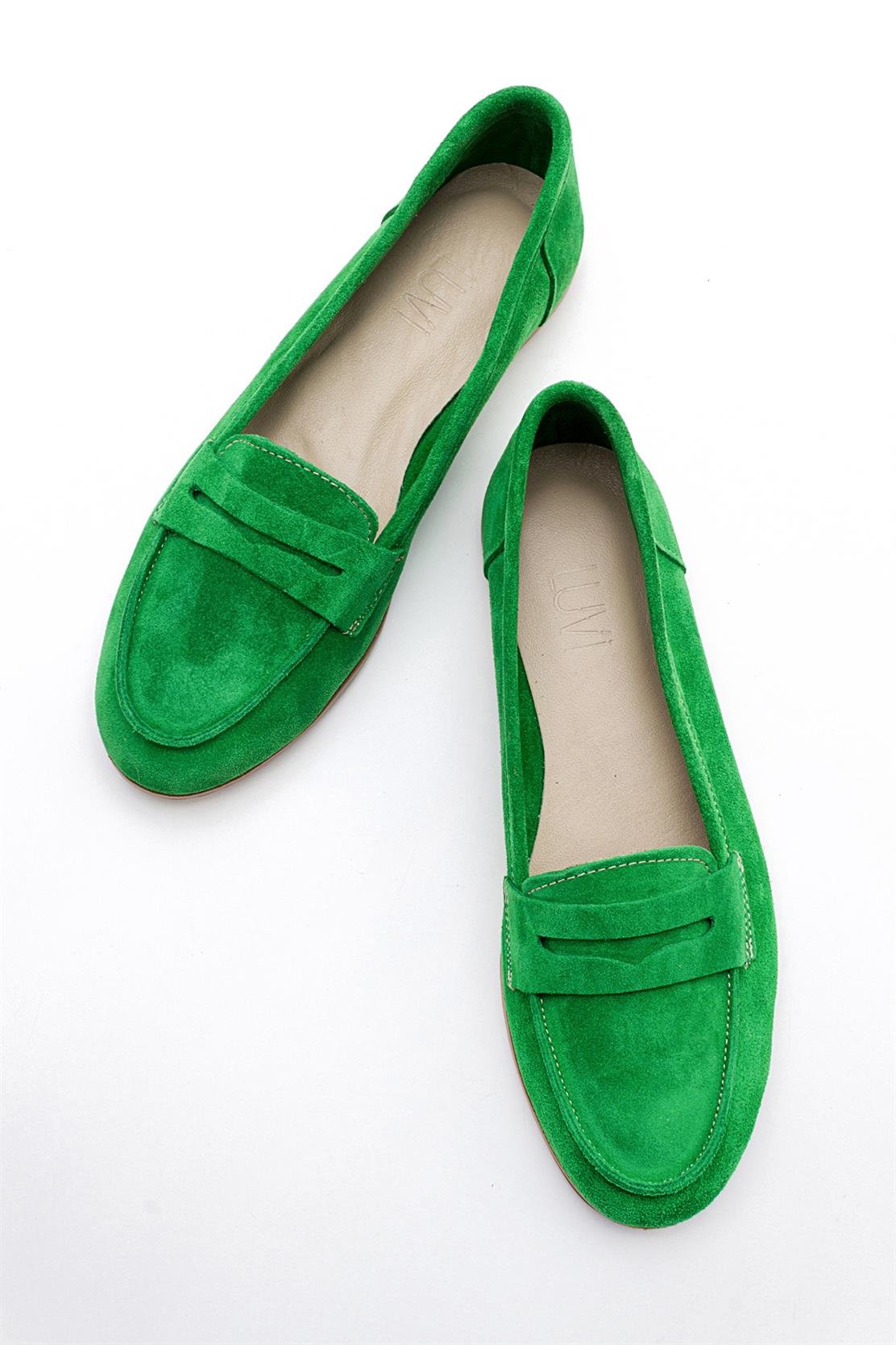 Dorothy - Green Suede Leather Loafers – side view showing leather, suede, green, Vowalisse