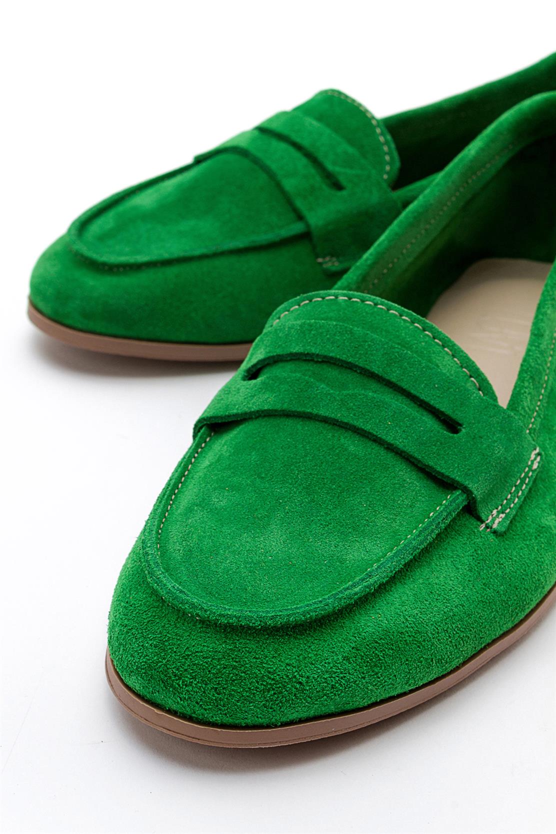 Dorothy - Green Suede Leather Loafers – detail view showing leather, suede, green, Vowalisse