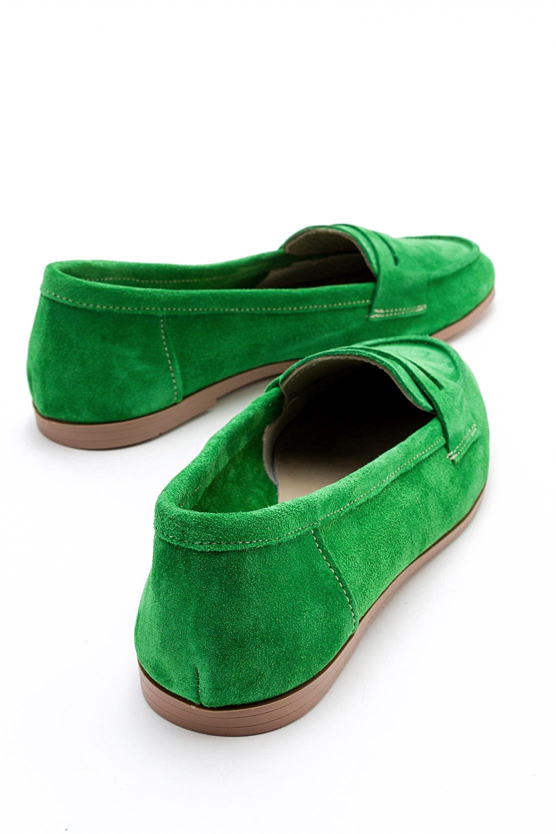 Dorothy - Green Suede Leather Loafers – heel view showing leather, suede, green, Vowalisse
