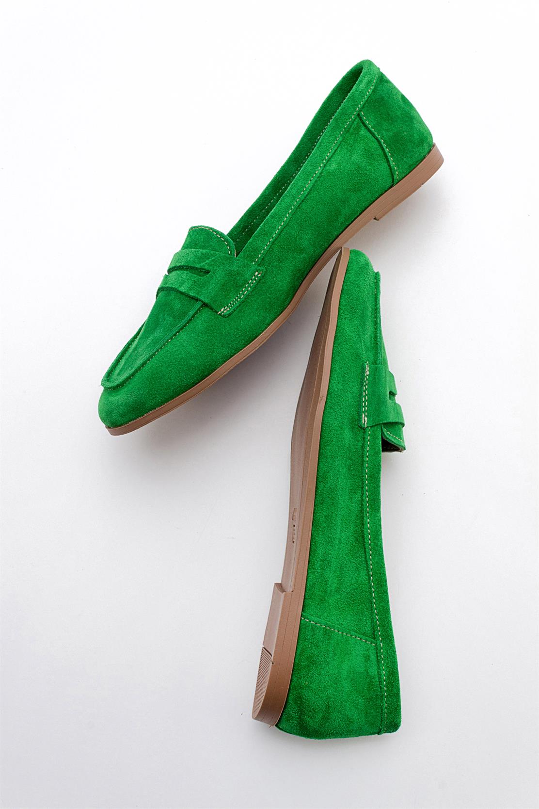 Dorothy - Green Suede Leather Loafers – back view showing leather, suede, green, Vowalisse