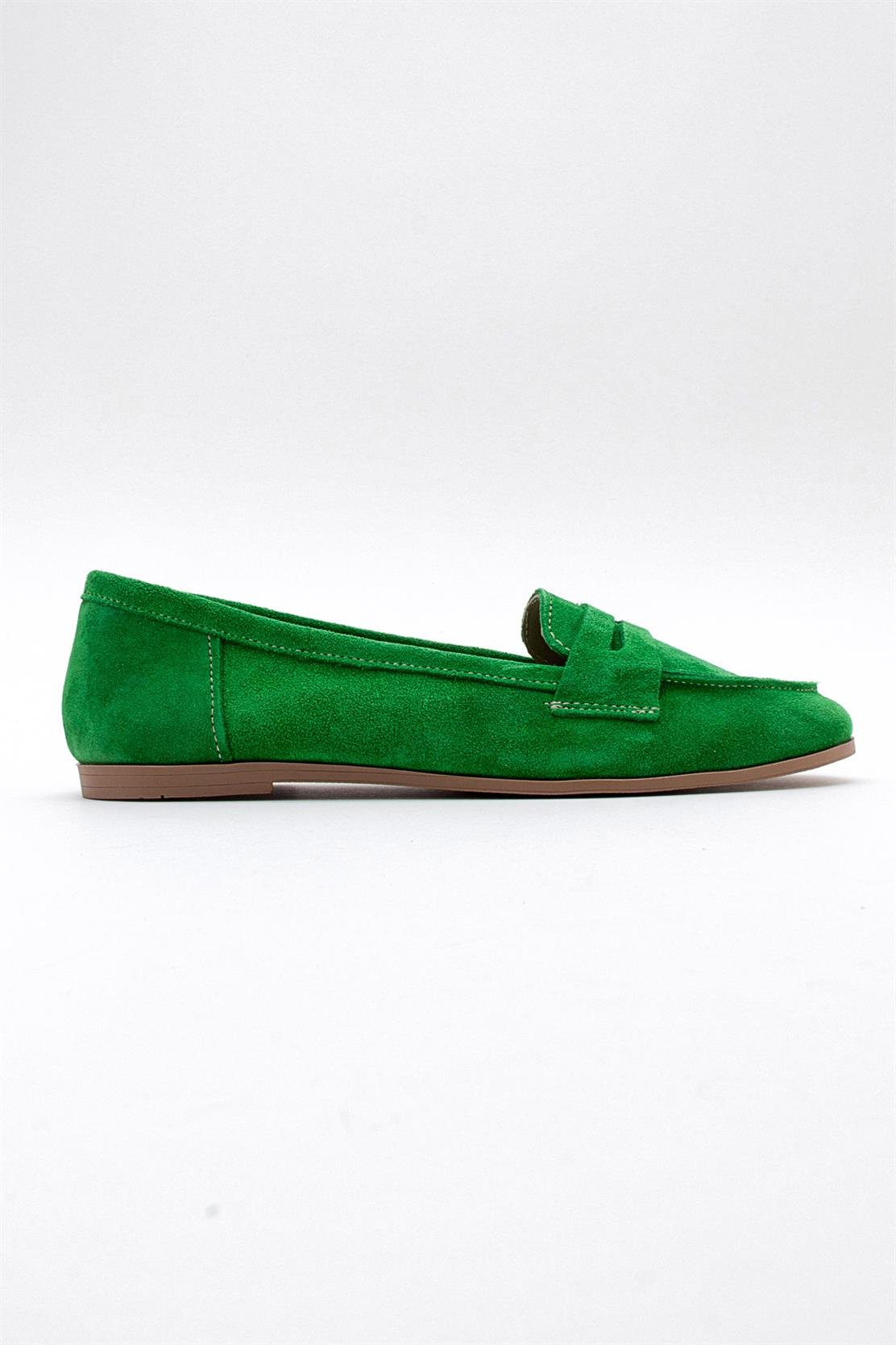 Dorothy - Green Suede Leather Loafers – top view showing leather, suede, green, Vowalisse