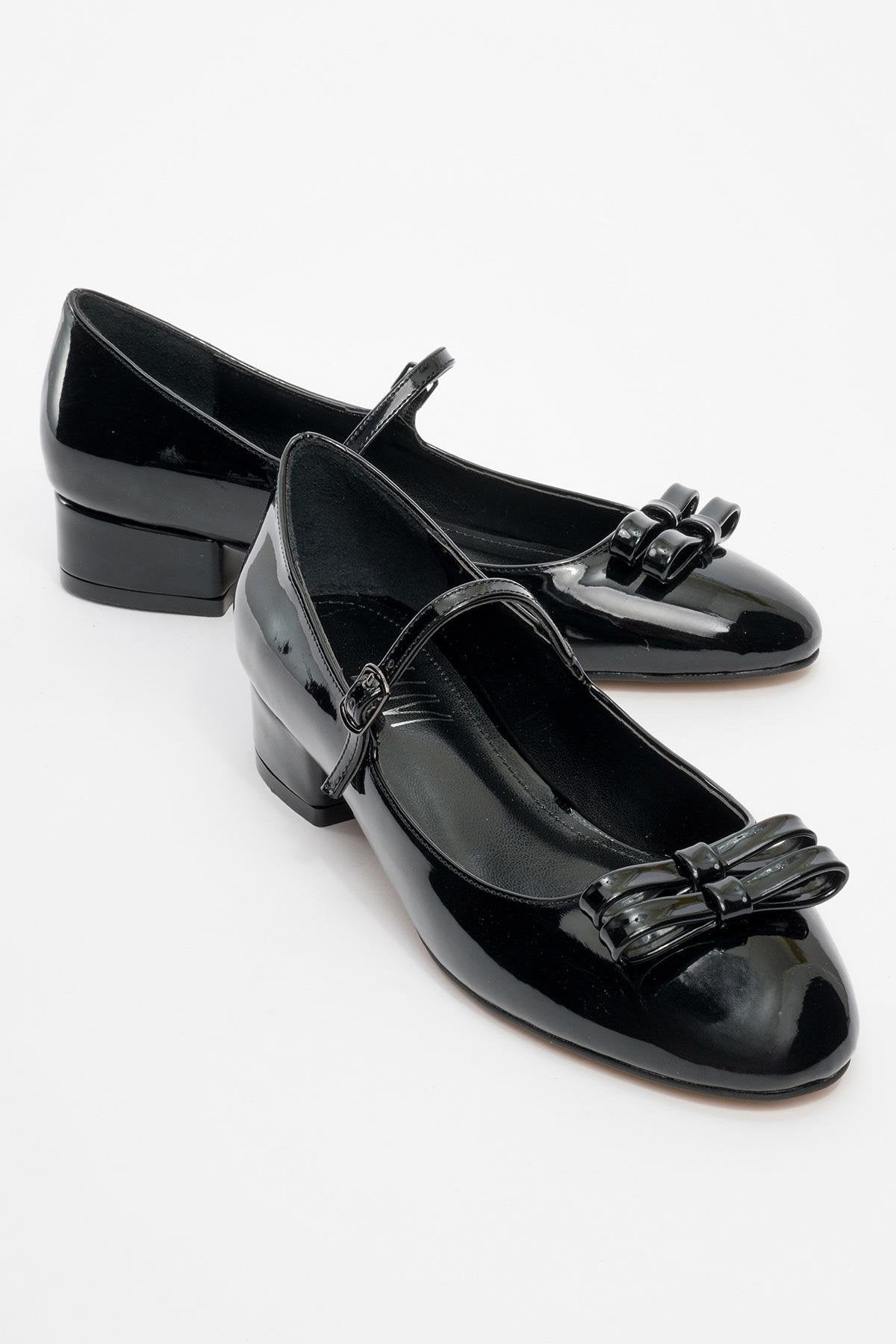 Stela - Black Patent Bow Heeled Ballet Flat – front three-quarter view showing bow, leather, black, Vowalisse