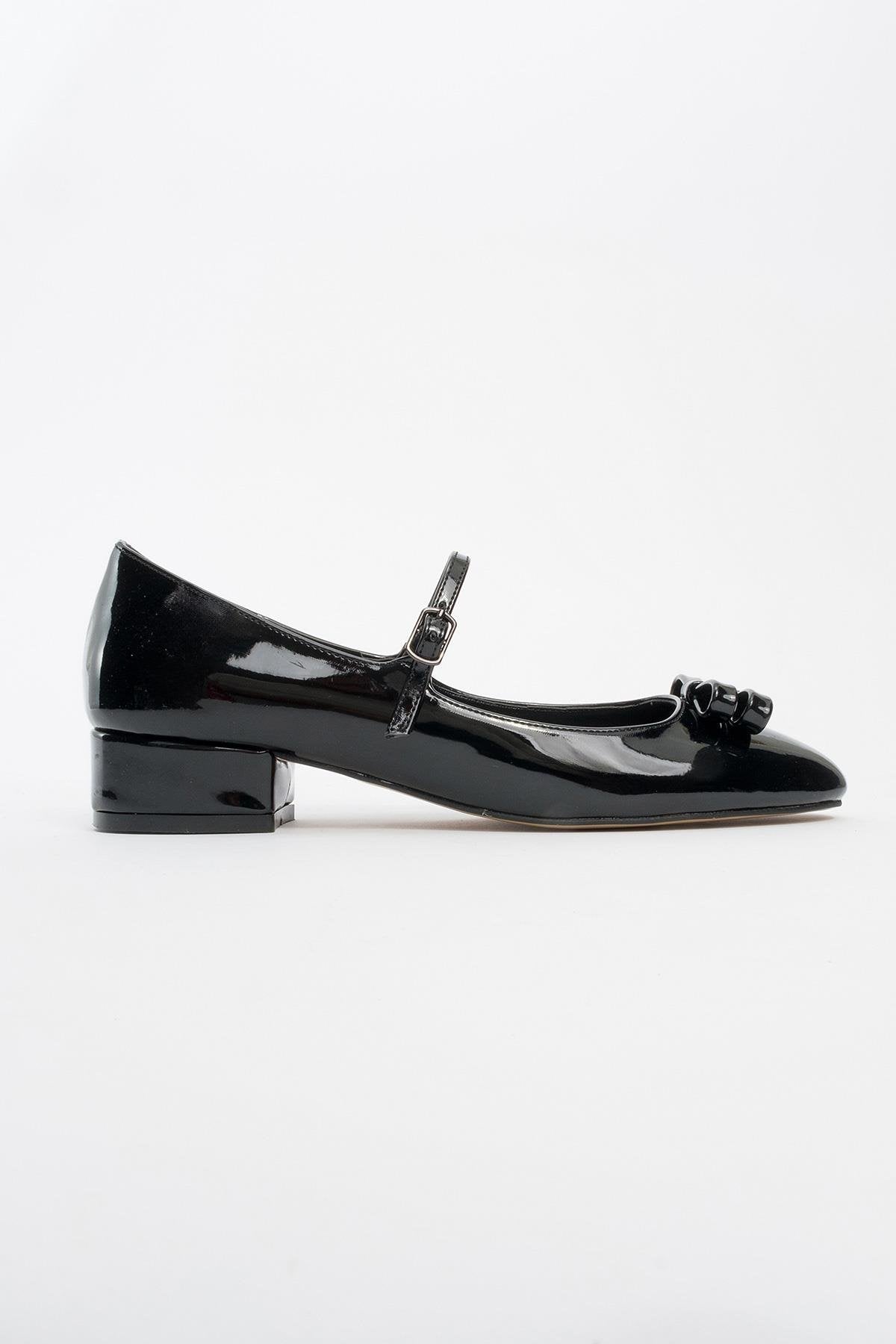 Stela - Black Patent Bow Heeled Ballet Flat – heel view showing bow, leather, black, Vowalisse