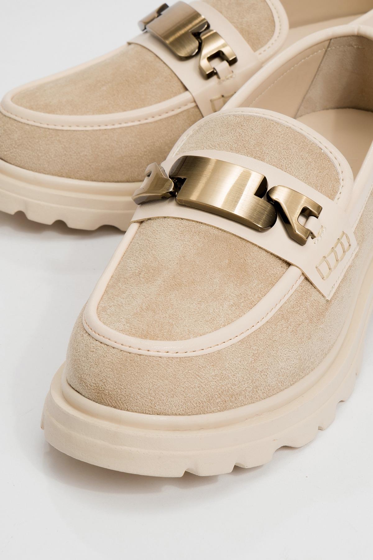 Pray - Beige Buckle Loafer – detail view showing leather, Vowalisse