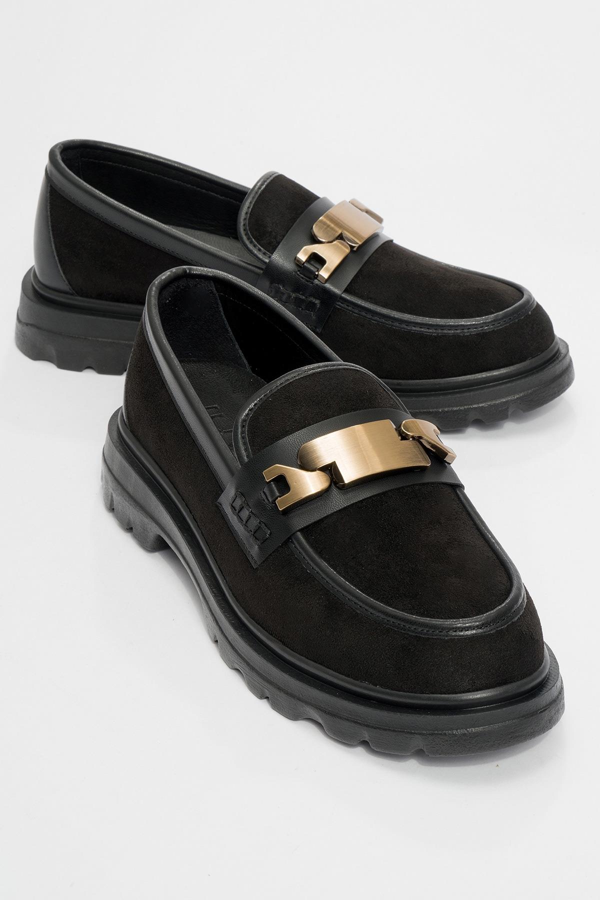 Pray - Black Buckle Loafer – front three-quarter view showing leather, suede, black, Vowalisse