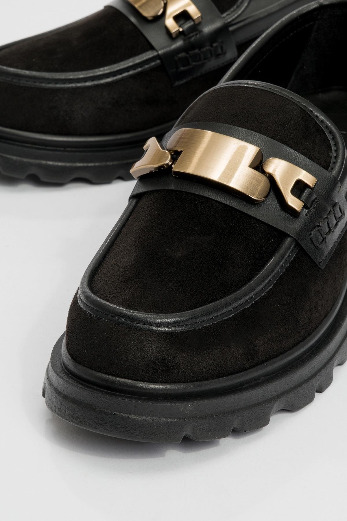 Pray - Black Buckle Loafer – detail view showing leather, suede, black, Vowalisse