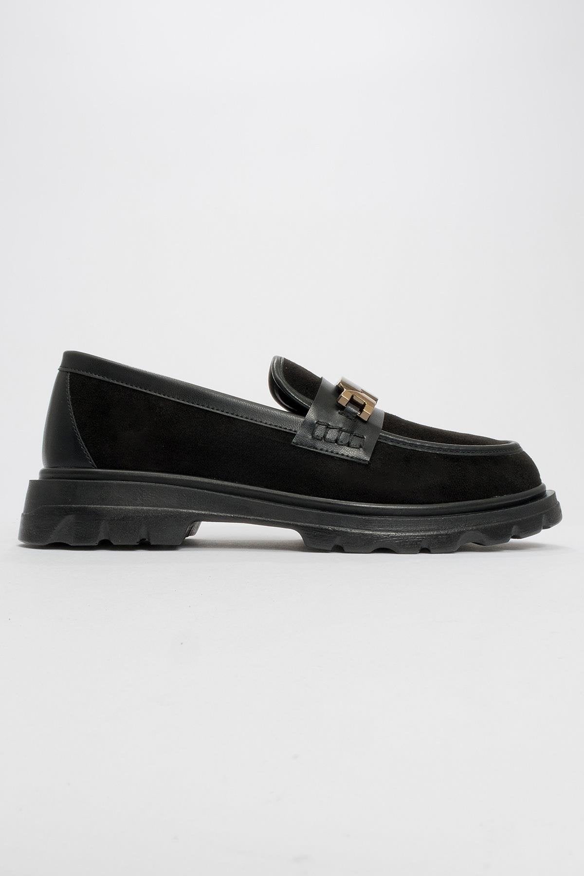 Pray - Black Buckle Loafer – heel view showing leather, suede, black, Vowalisse