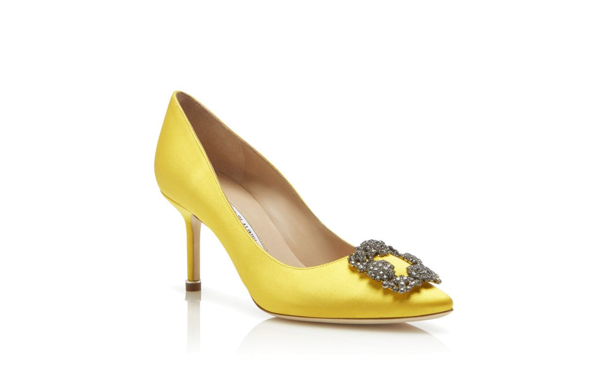 Adriana Bloom Yellow Jewel Buckle Pumps – top view showing yellow jewel buckle, crystal buckle, almond toe, satin…