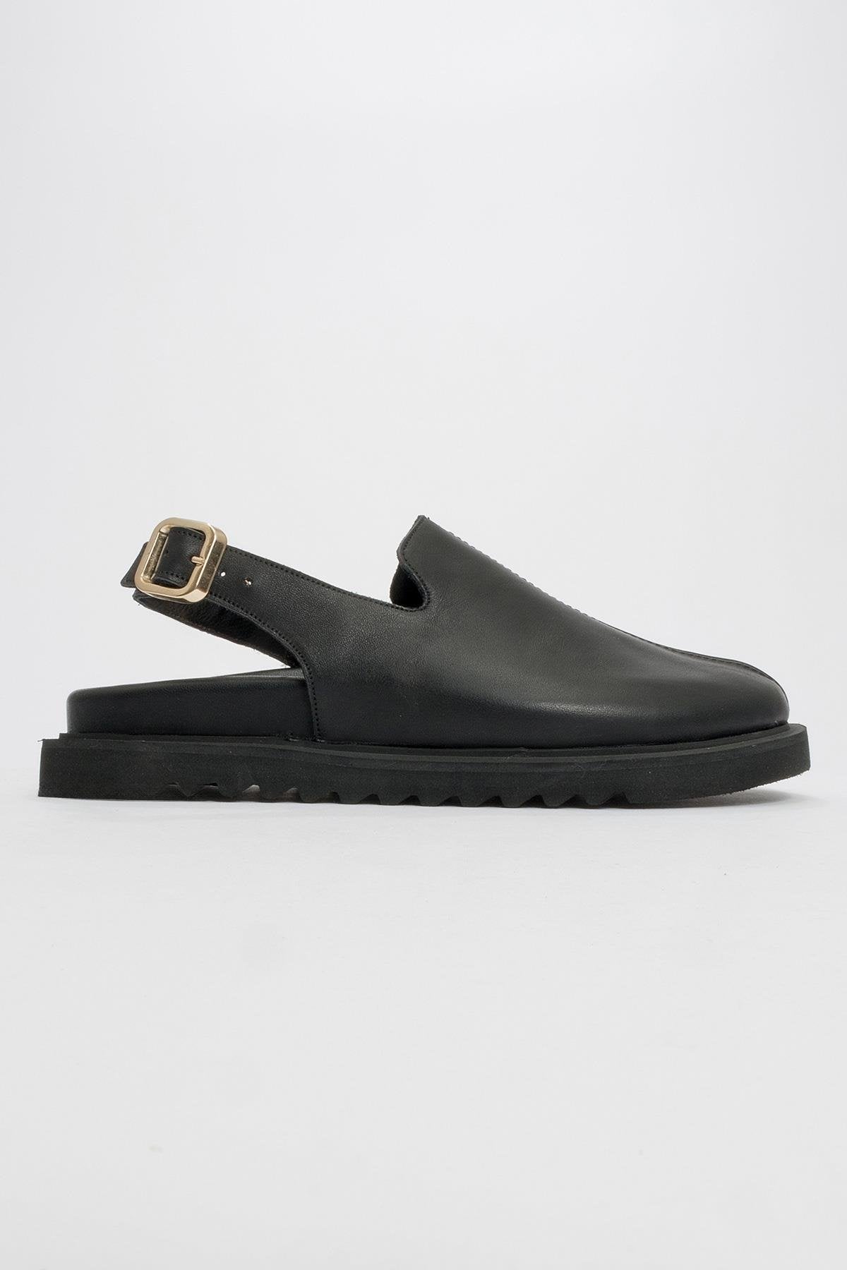 Laby - Black Leather Clogs – heel view showing leather, suede, black, Vowalisse