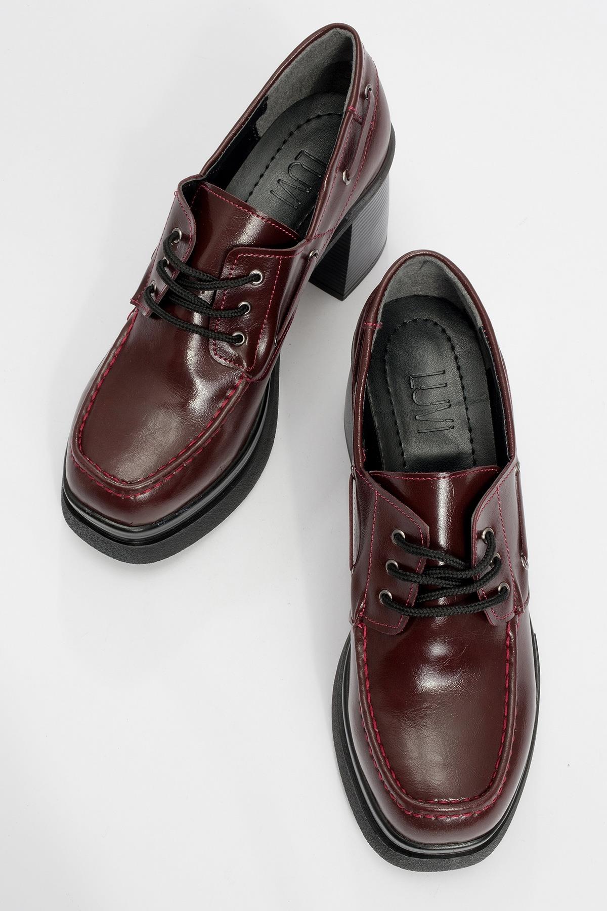 Dudley - Burgundy Lace-Up Platform Heel Shoe – side view showing lace, leather, Vowalisse