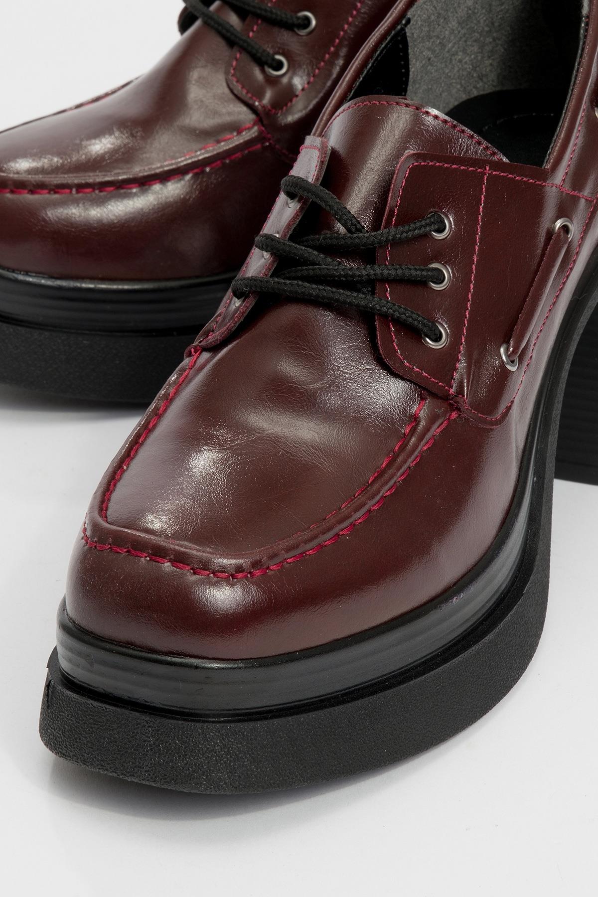 Dudley - Burgundy Lace-Up Platform Heel Shoe – detail view showing lace, leather, Vowalisse