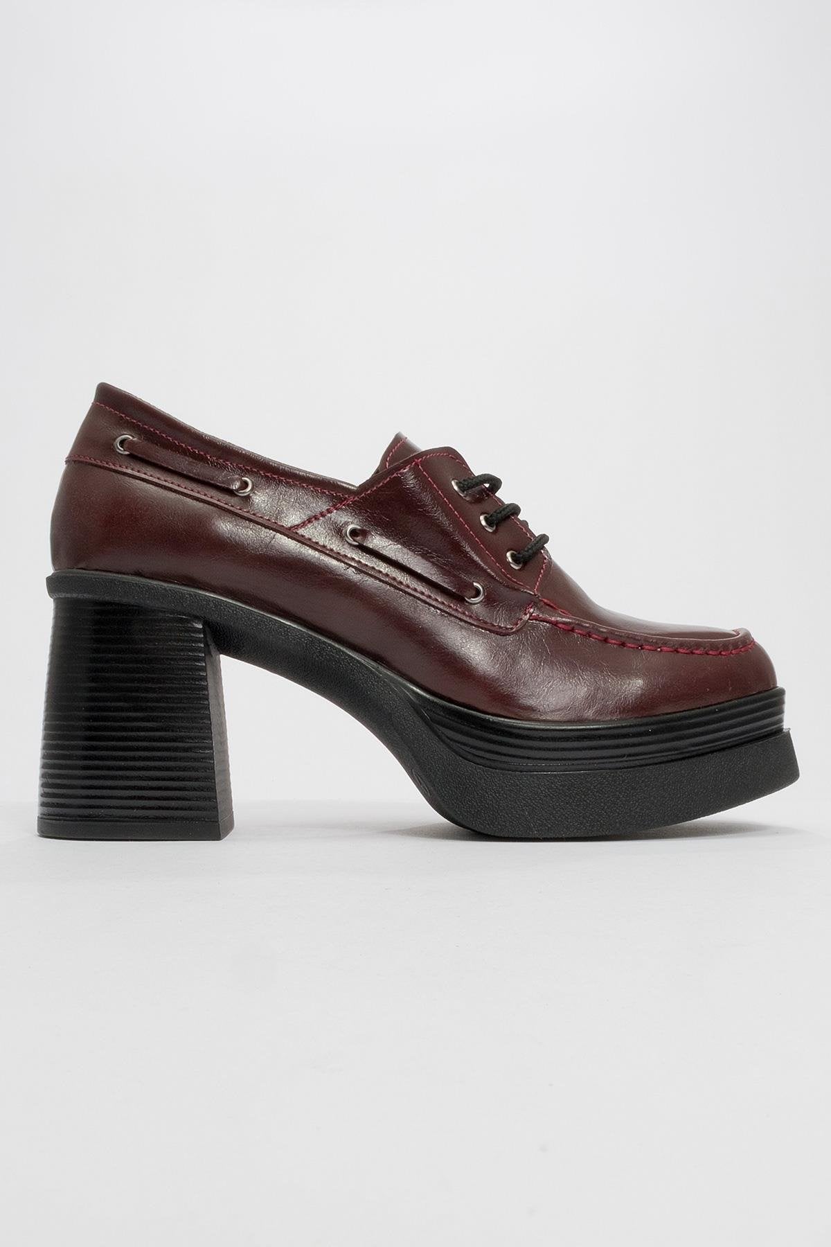 Dudley - Burgundy Lace-Up Platform Heel Shoe – heel view showing lace, leather, Vowalisse