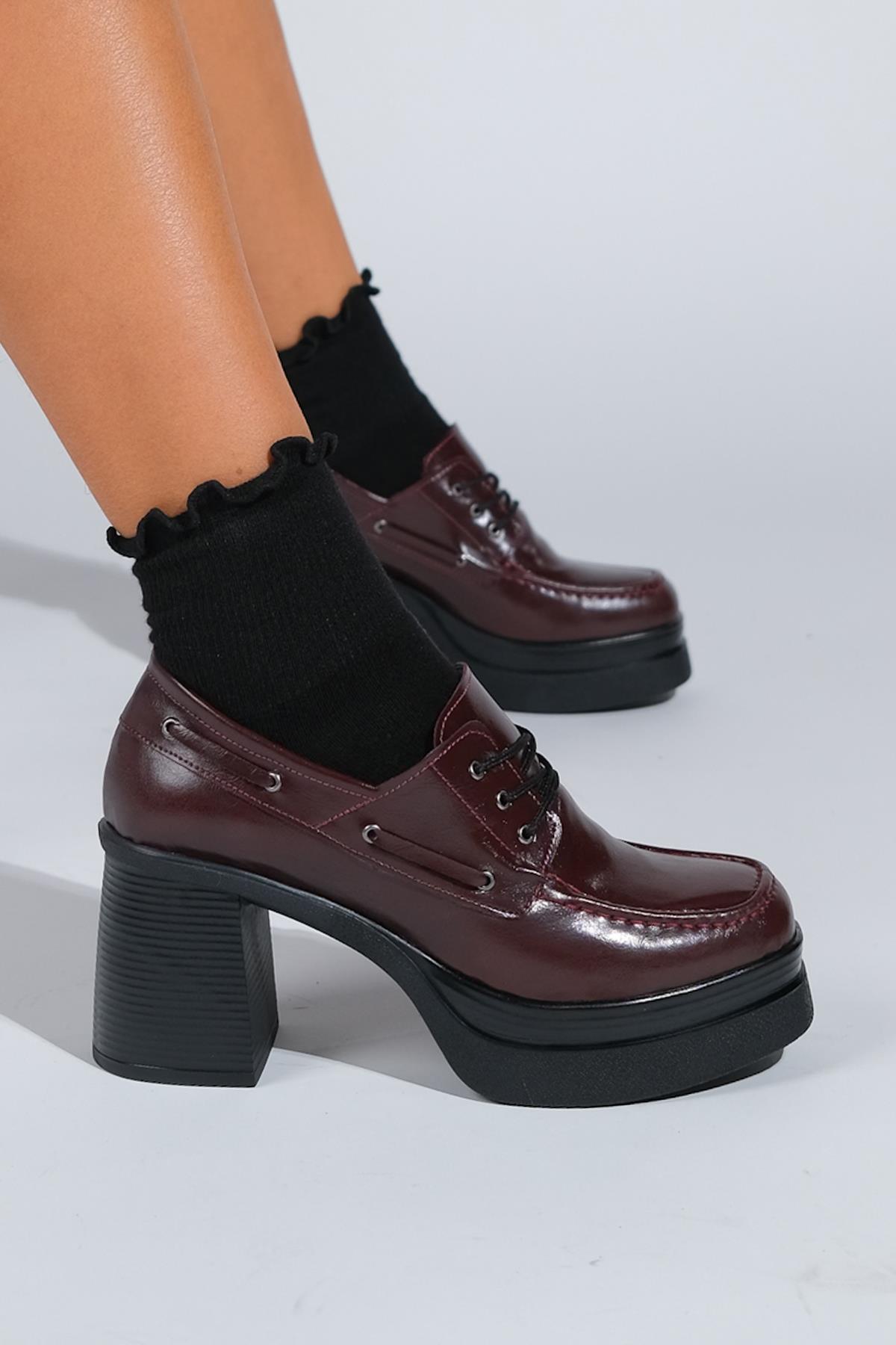 Dudley - Burgundy Lace-Up Platform Heel Shoe – back view showing lace, leather, Vowalisse