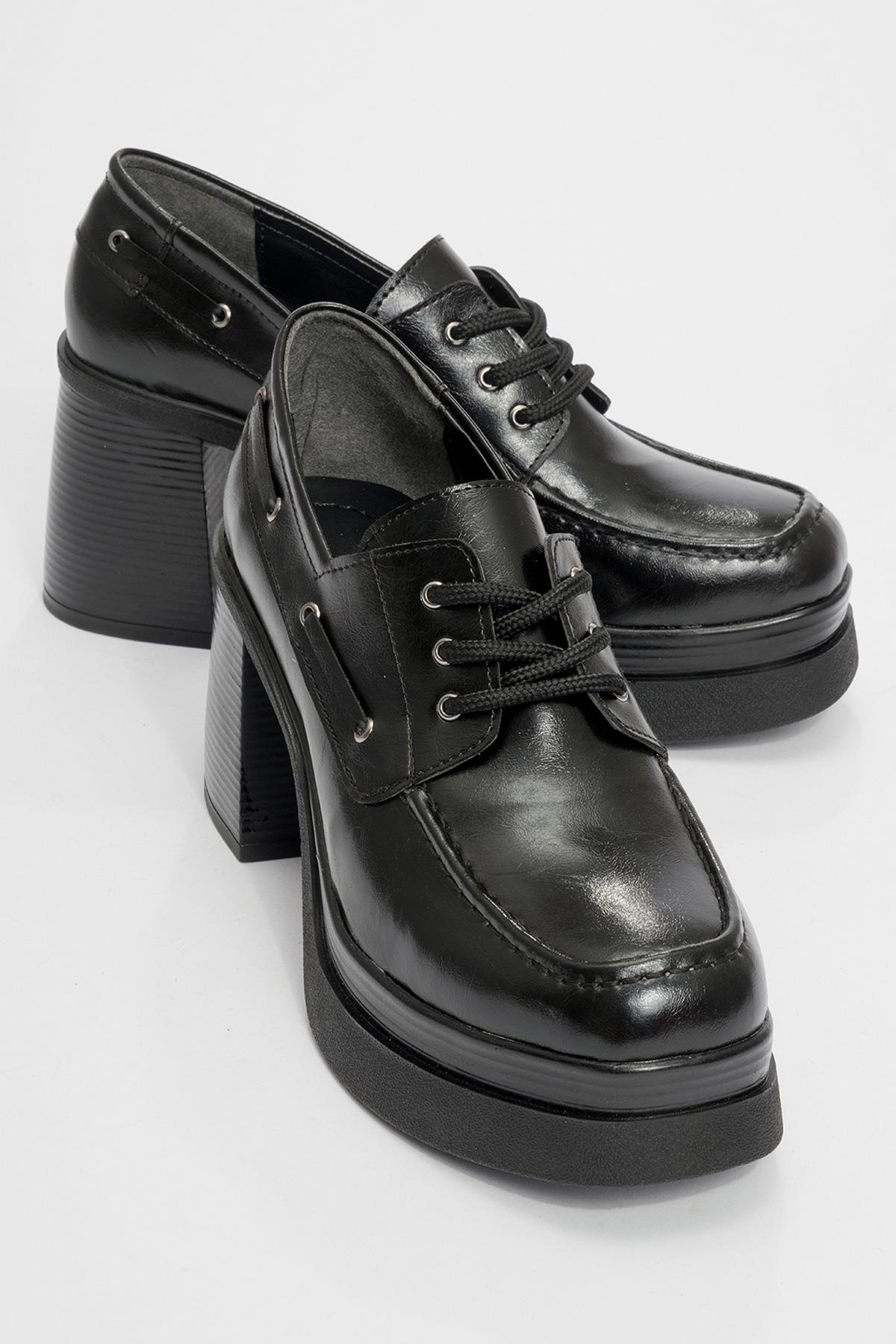 Dudley - Black Lace-Up Platform Heel Shoe – front three-quarter view showing lace, leather, black, Vowalisse