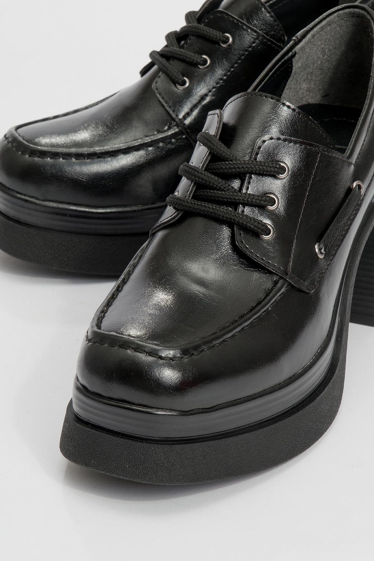 Dudley - Black Lace-Up Platform Heel Shoe – detail view showing lace, leather, black, Vowalisse