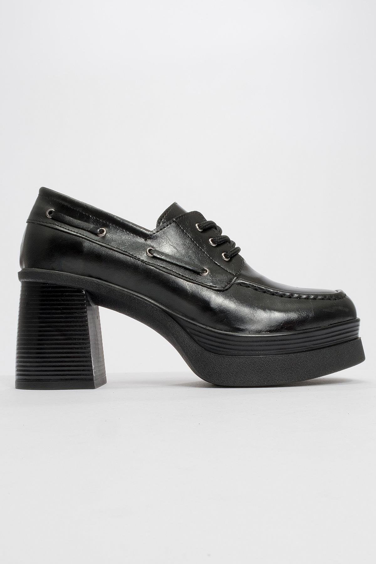 Dudley - Black Lace-Up Platform Heel Shoe – heel view showing lace, leather, black, Vowalisse