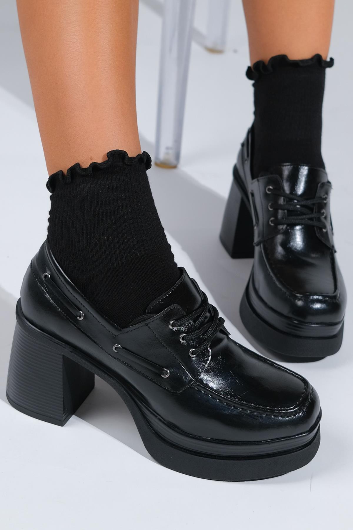 Dudley - Black Lace-Up Platform Heel Shoe – back view showing lace, leather, black, Vowalisse