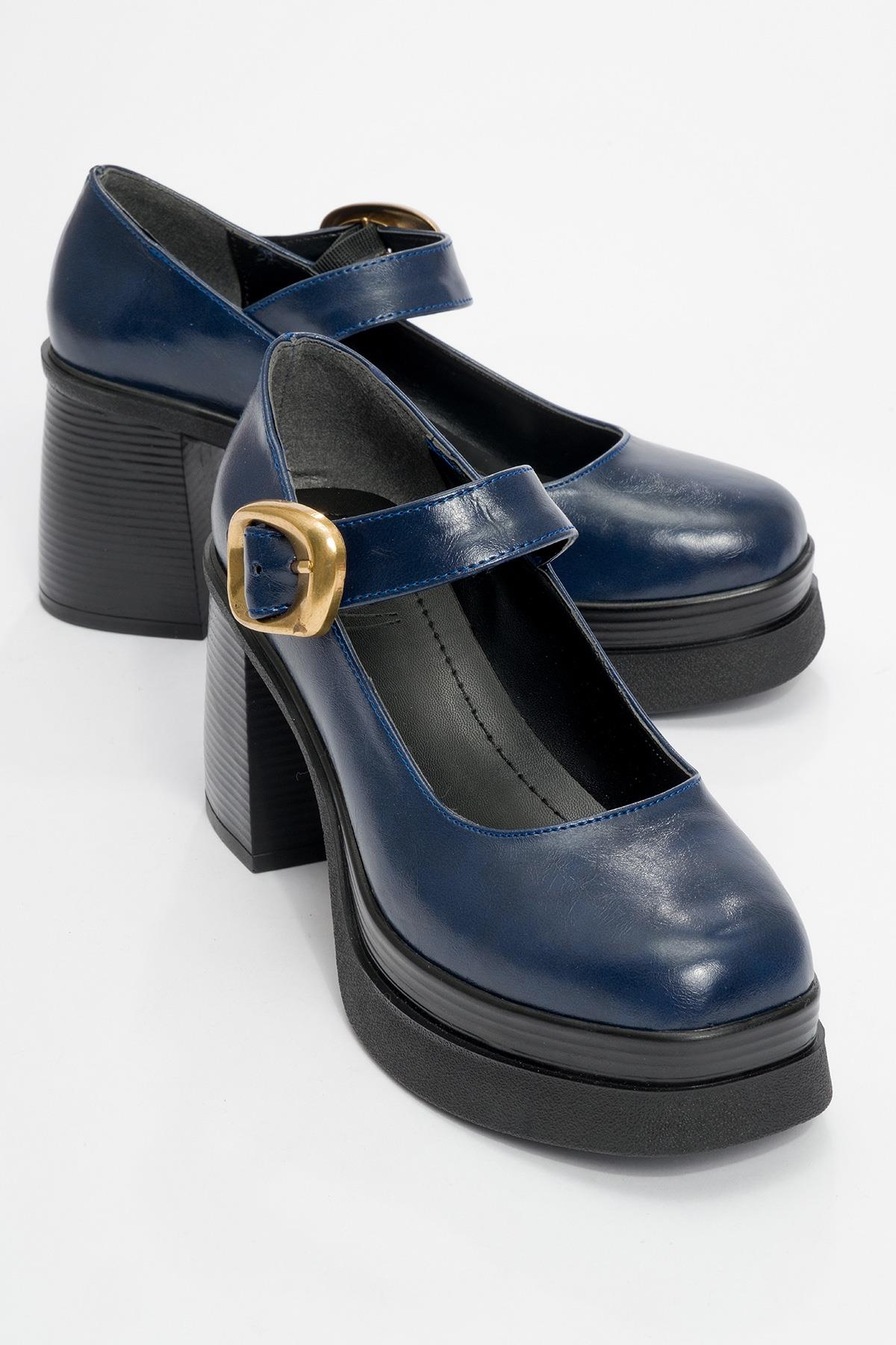 Ashes - Navy Gold Buckle Platform Heel Shoe – front three-quarter view showing leather, gold, Vowalisse