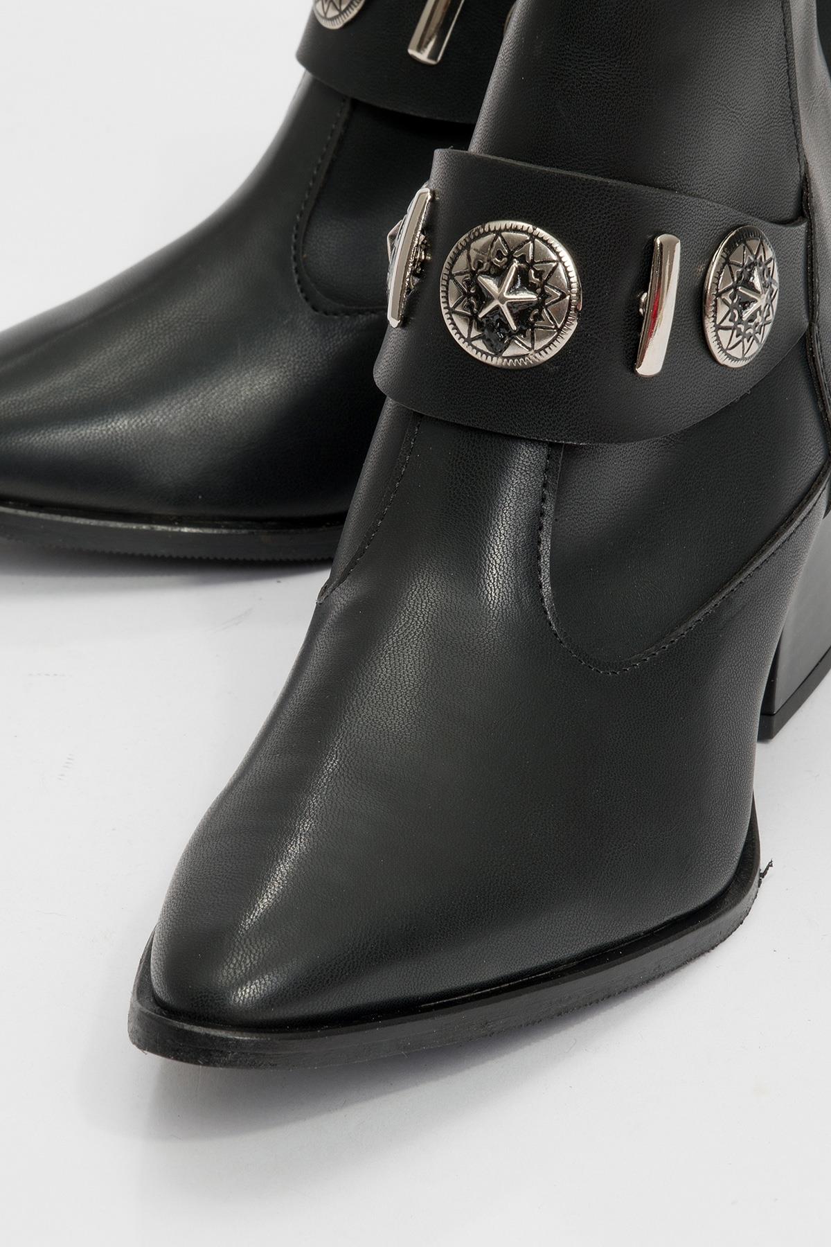 Kenda Black Buckle Block Heel Boot – detail view showing leather, black, red, Vowalisse