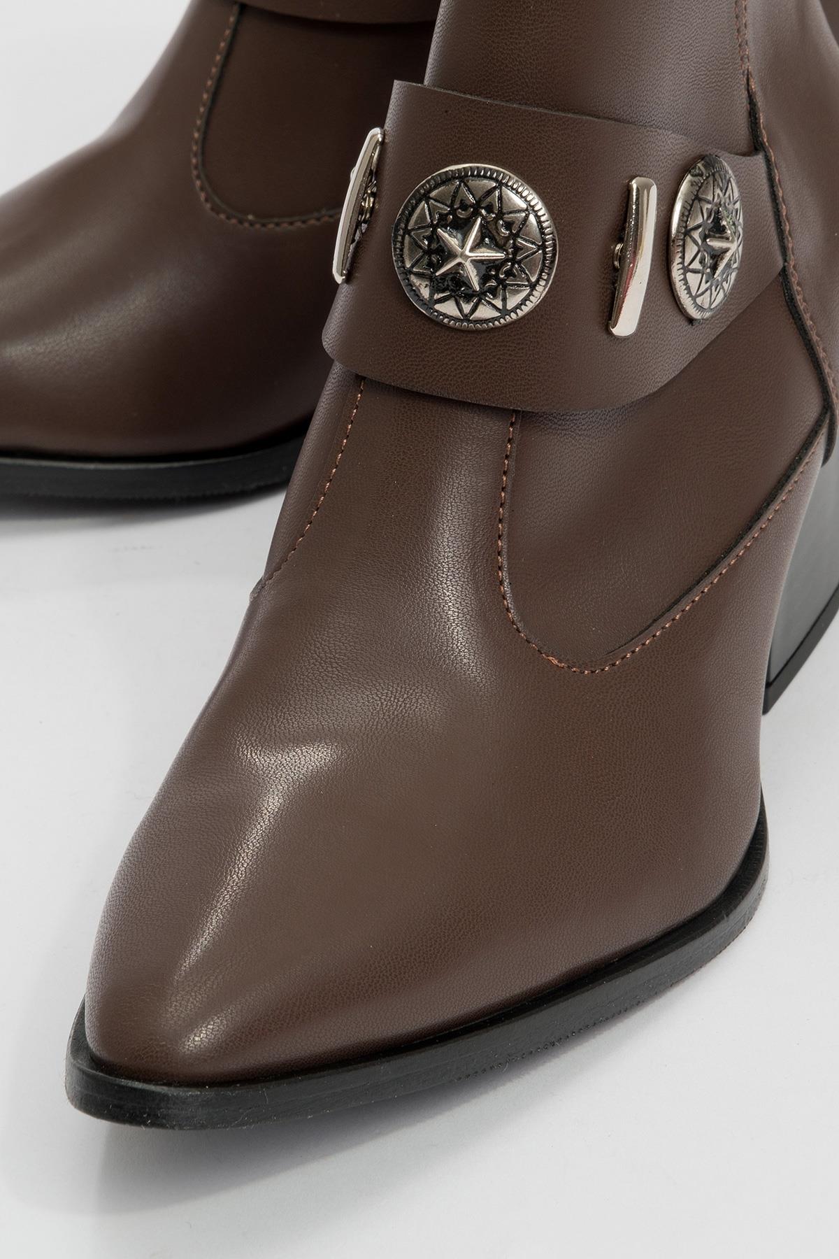 Kenda Brown Buckle Block Heel Boot – detail view showing leather, red, Vowalisse