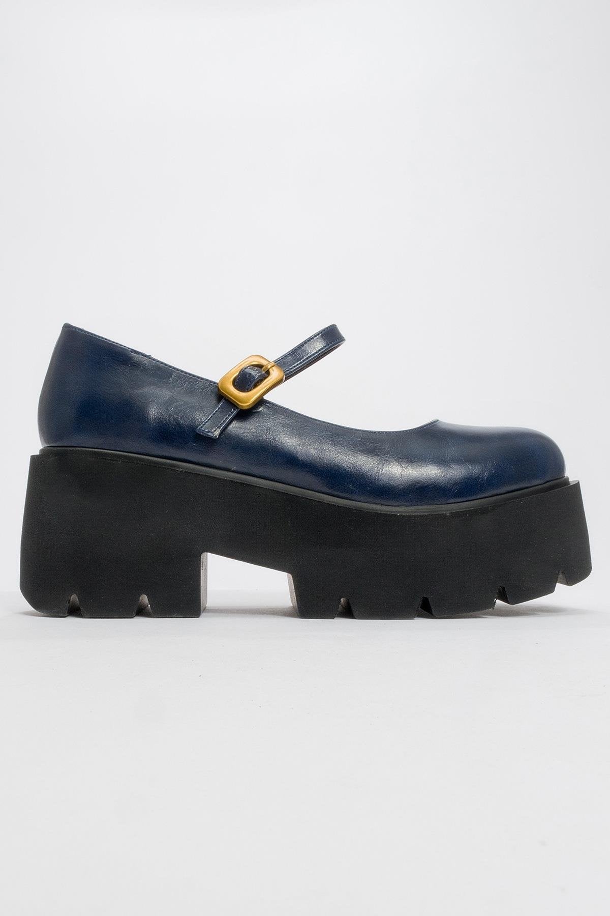 Linley Navy Platform Loafer – heel view showing leather, gold, Vowalisse