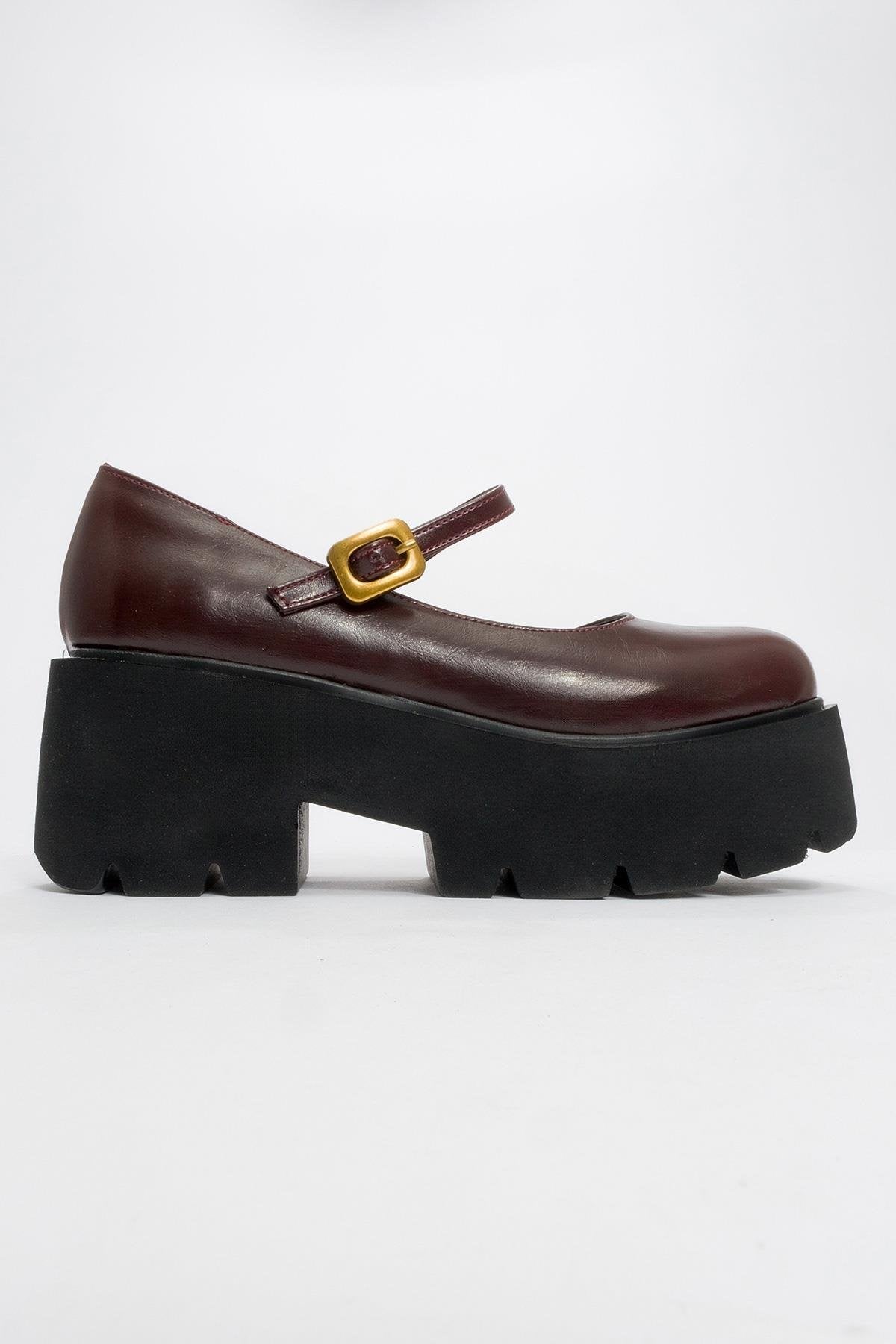 Linley Burgundy Platform Loafer – heel view showing leather, gold, Vowalisse