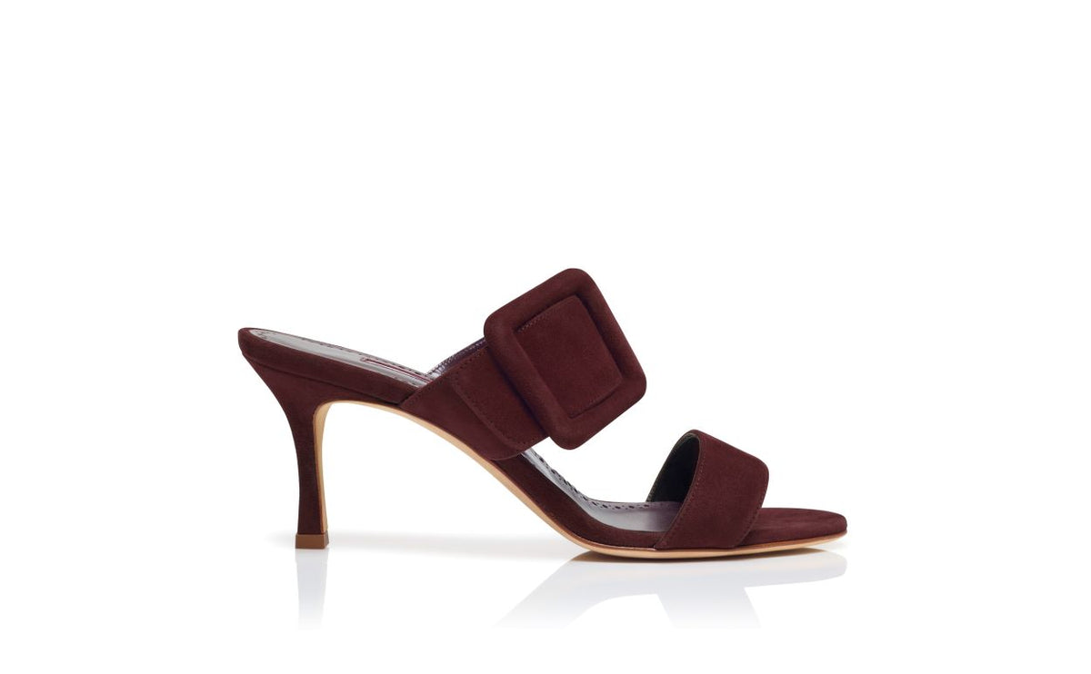 Odette Rose Red Open Toe Mules – side profile showing red open toe, suede, Vowalisse