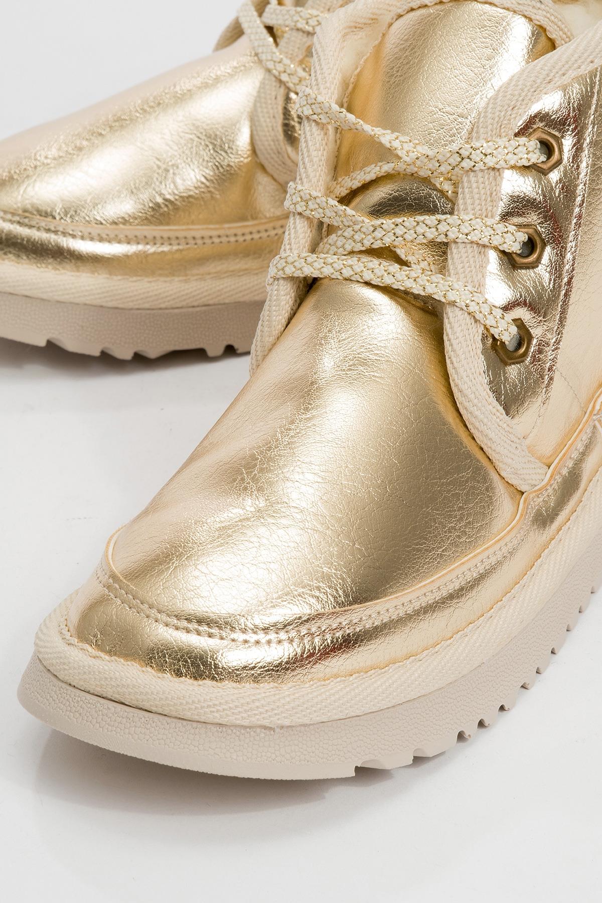 Mingo - Gold Lace-Up Sport Boot – detail view showing lace, leather, gold, Vowalisse