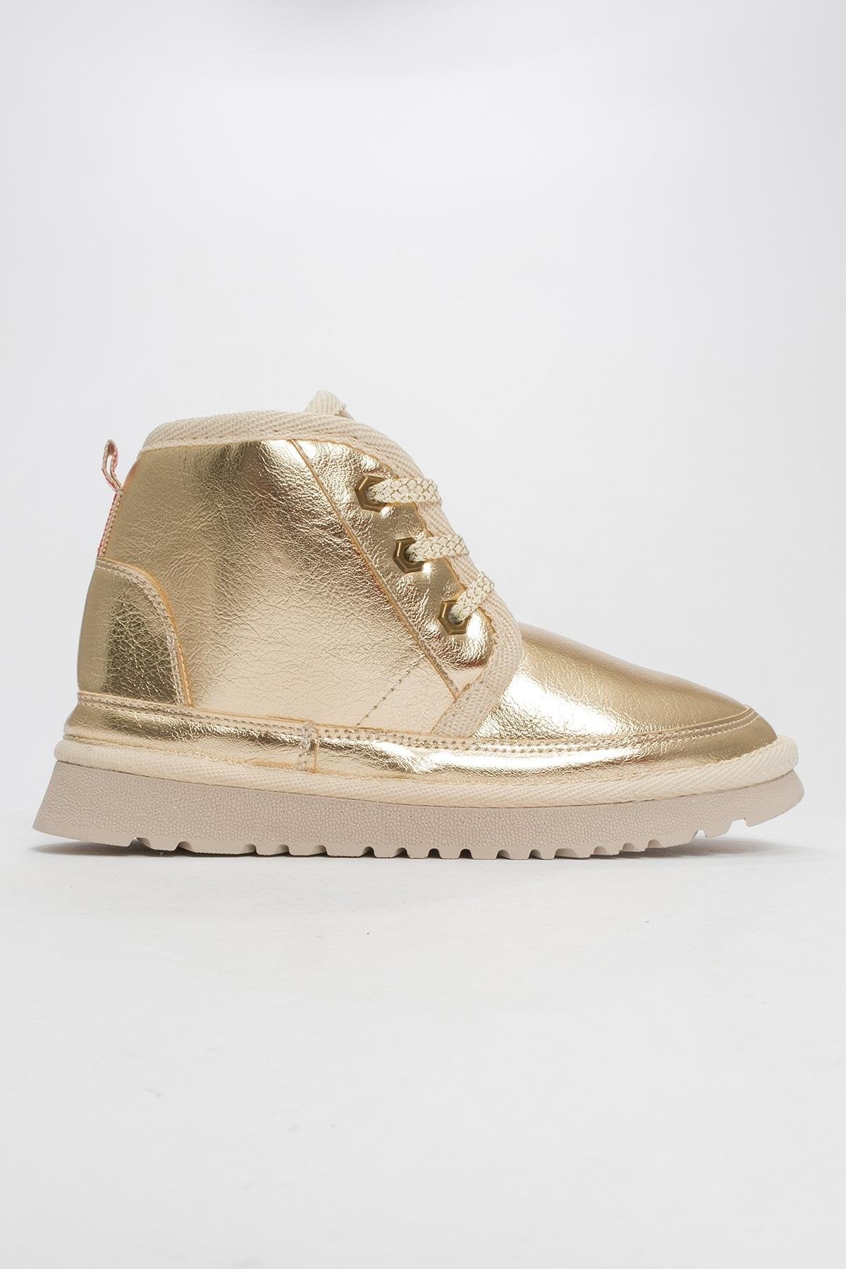 Mingo - Gold Lace-Up Sport Boot – heel view showing lace, leather, gold, Vowalisse