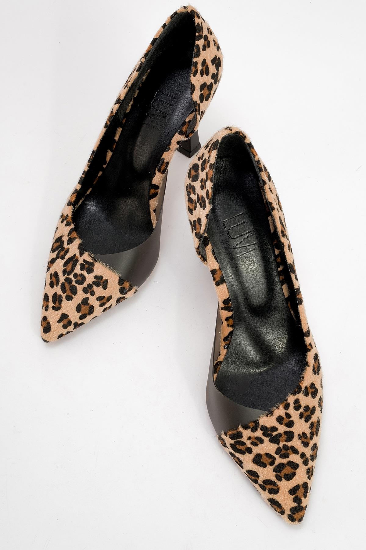 Ursula - Black And Yellow Patterned Heeled Shoe – side view showing leather, black, Vowalisse