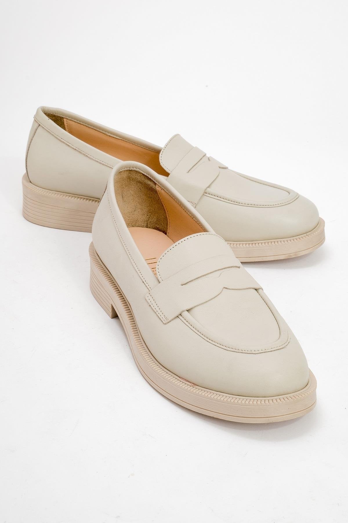 Bree - Off-White Genuine Leather Loafer Shoe – front three-quarter view showing leather, white, Vowalisse