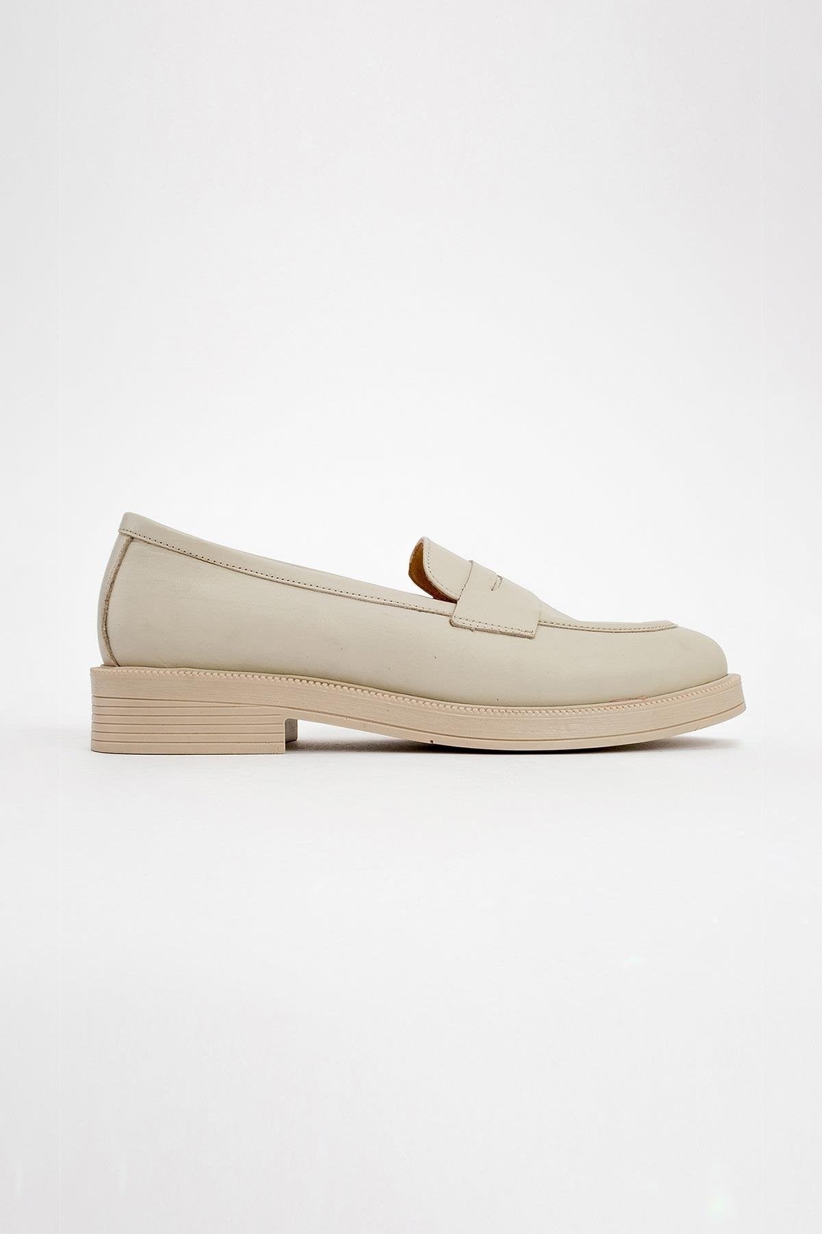 Bree - Off-White Genuine Leather Loafer Shoe – heel view showing leather, white, Vowalisse