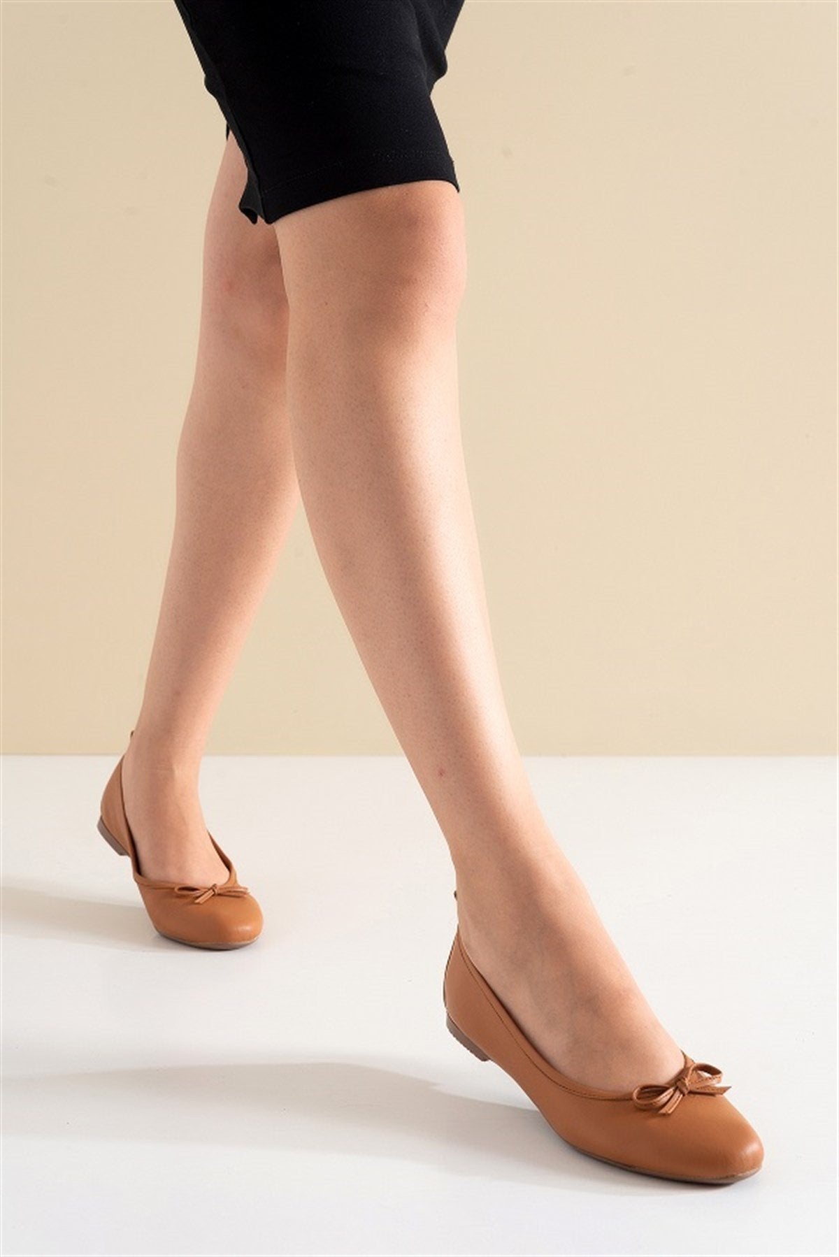 Florence - Cognac Brown Leather Ballerina Flats – pair view showing bow, leather, suede, Vowalisse