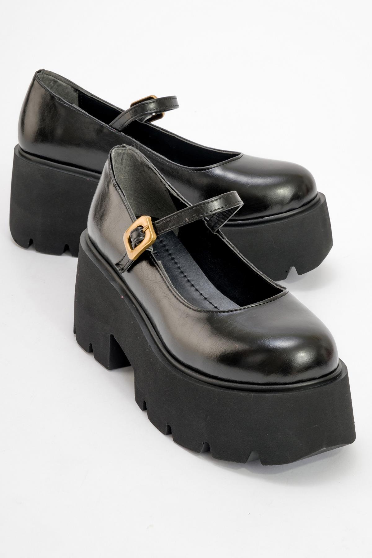 Linley Black Platform Loafer – front three-quarter view showing leather, black, gold, Vowalisse