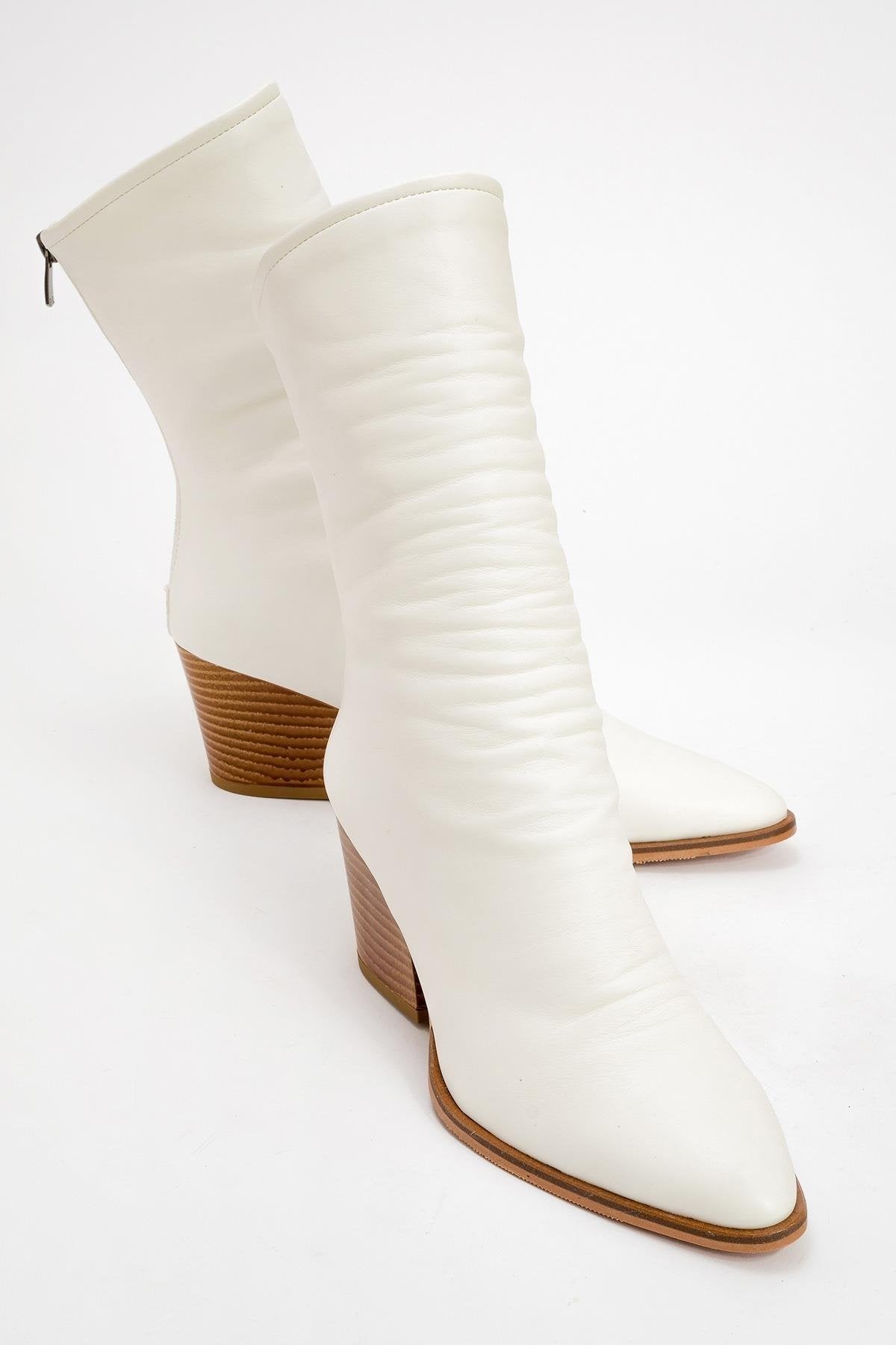 Laval - White Back-Zip Block Heel Boot – front three-quarter view showing leather, white, Vowalisse