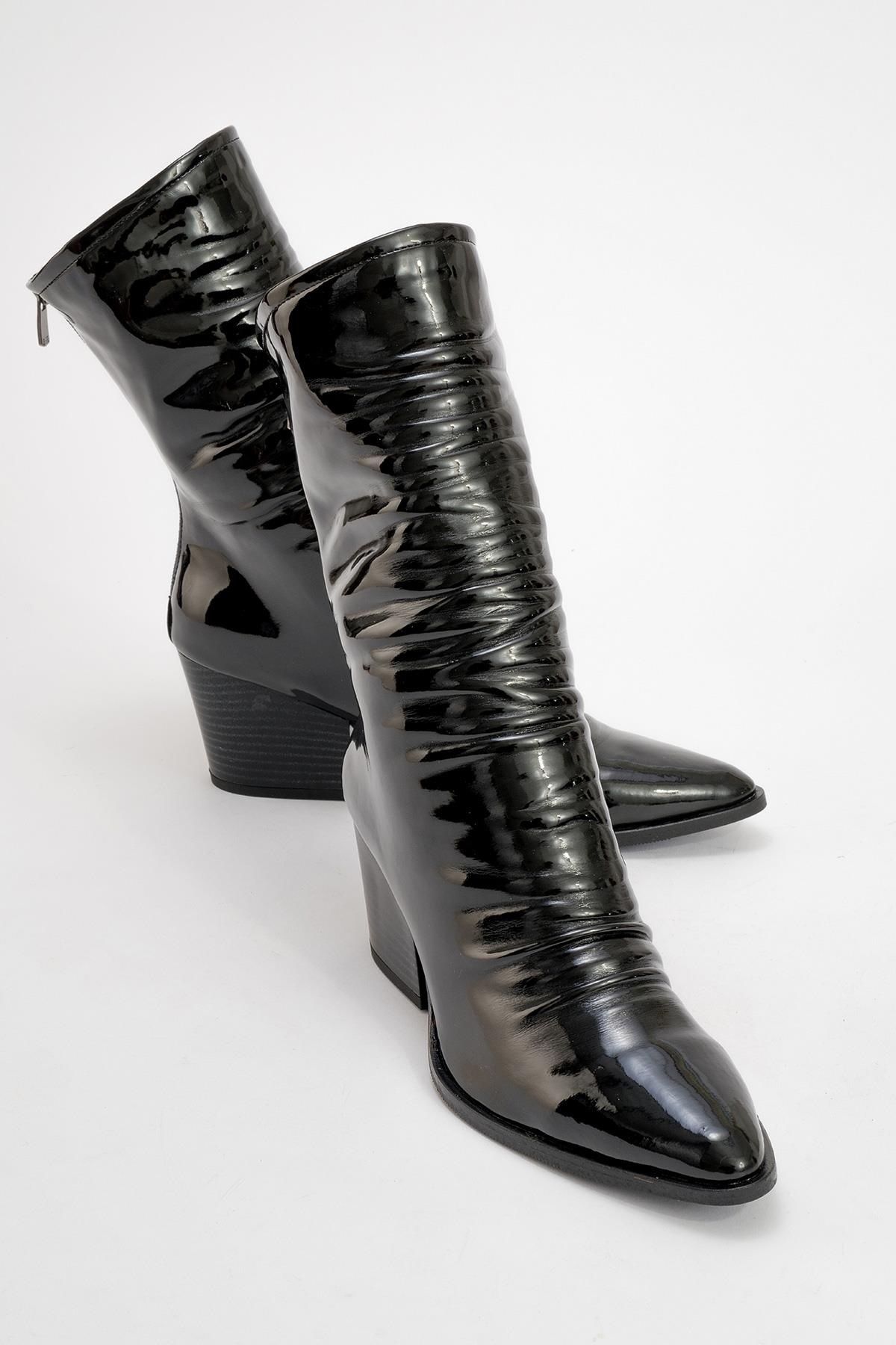 Laval - Black Patent Block Heel Boot – front three-quarter view showing leather, black, red, Vowalisse