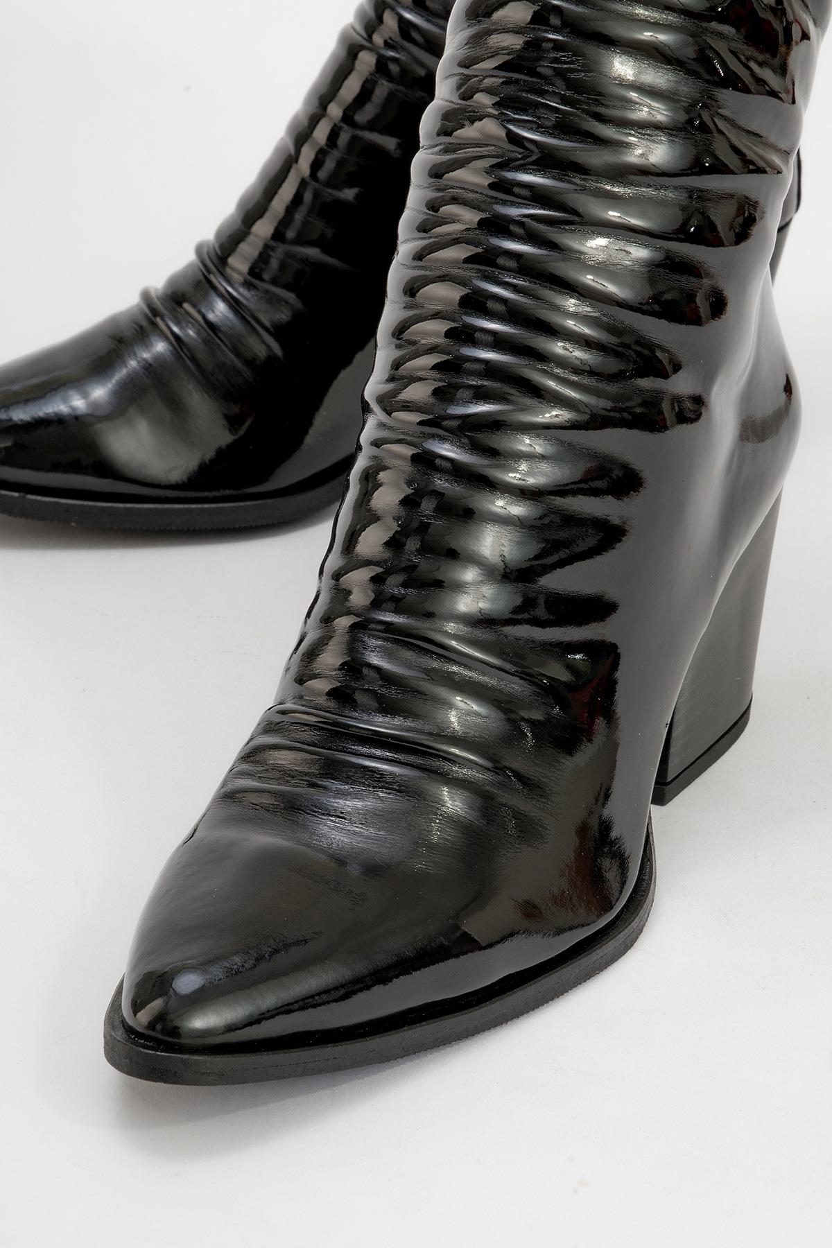 Laval - Black Patent Block Heel Boot – detail view showing leather, black, red, Vowalisse