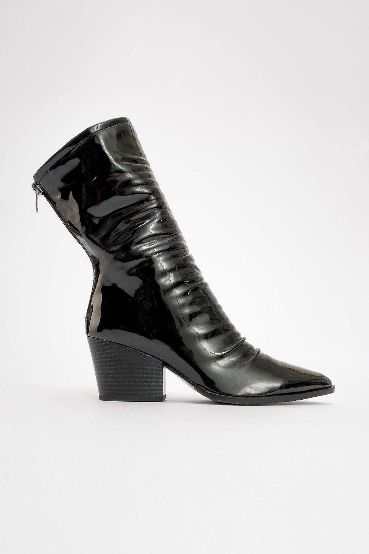 Laval - Black Patent Block Heel Boot – heel view showing leather, black, red, Vowalisse