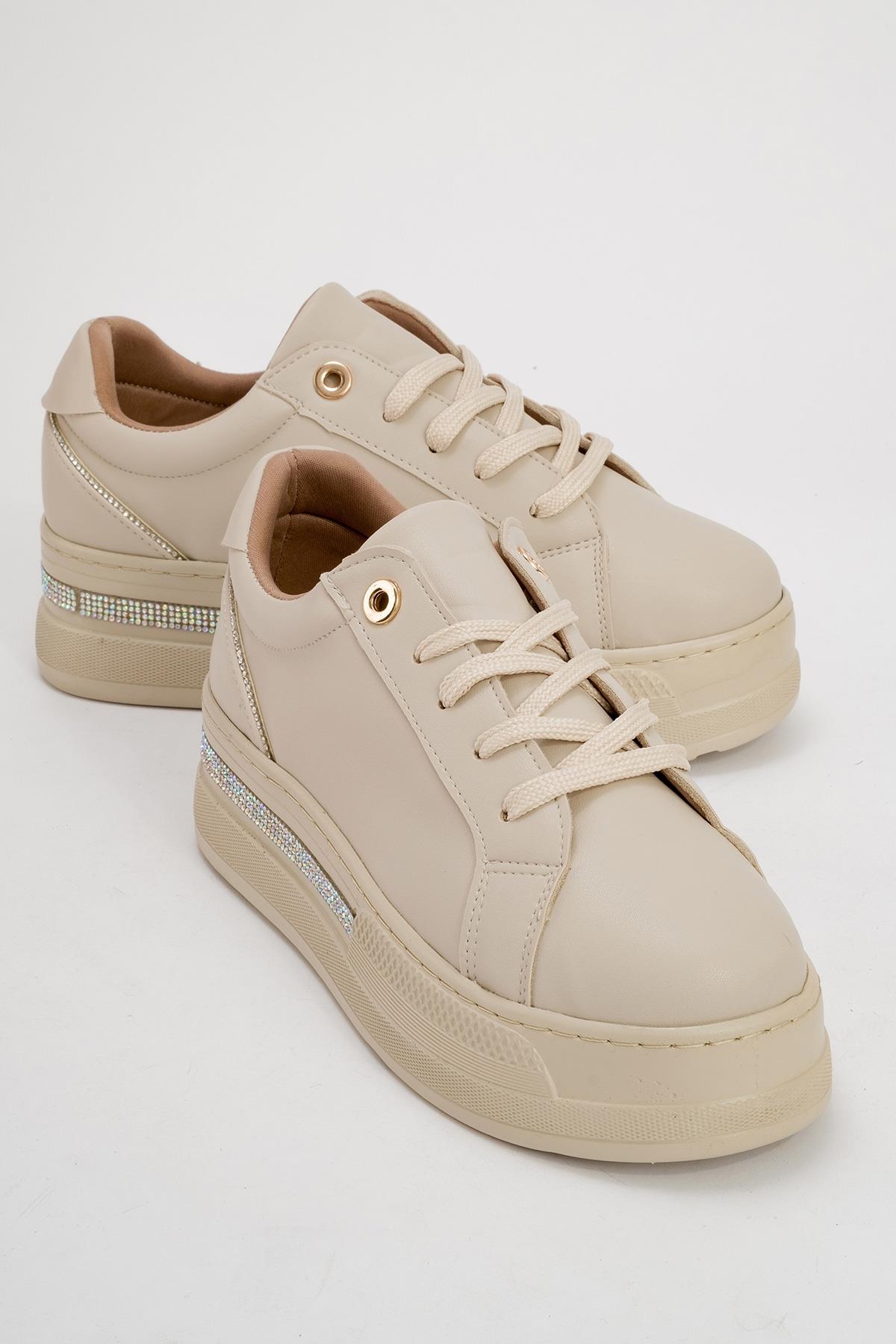 Poem - Beige Embellished Chunky Platform Sneaker – front three-quarter view showing leather, Vowalisse