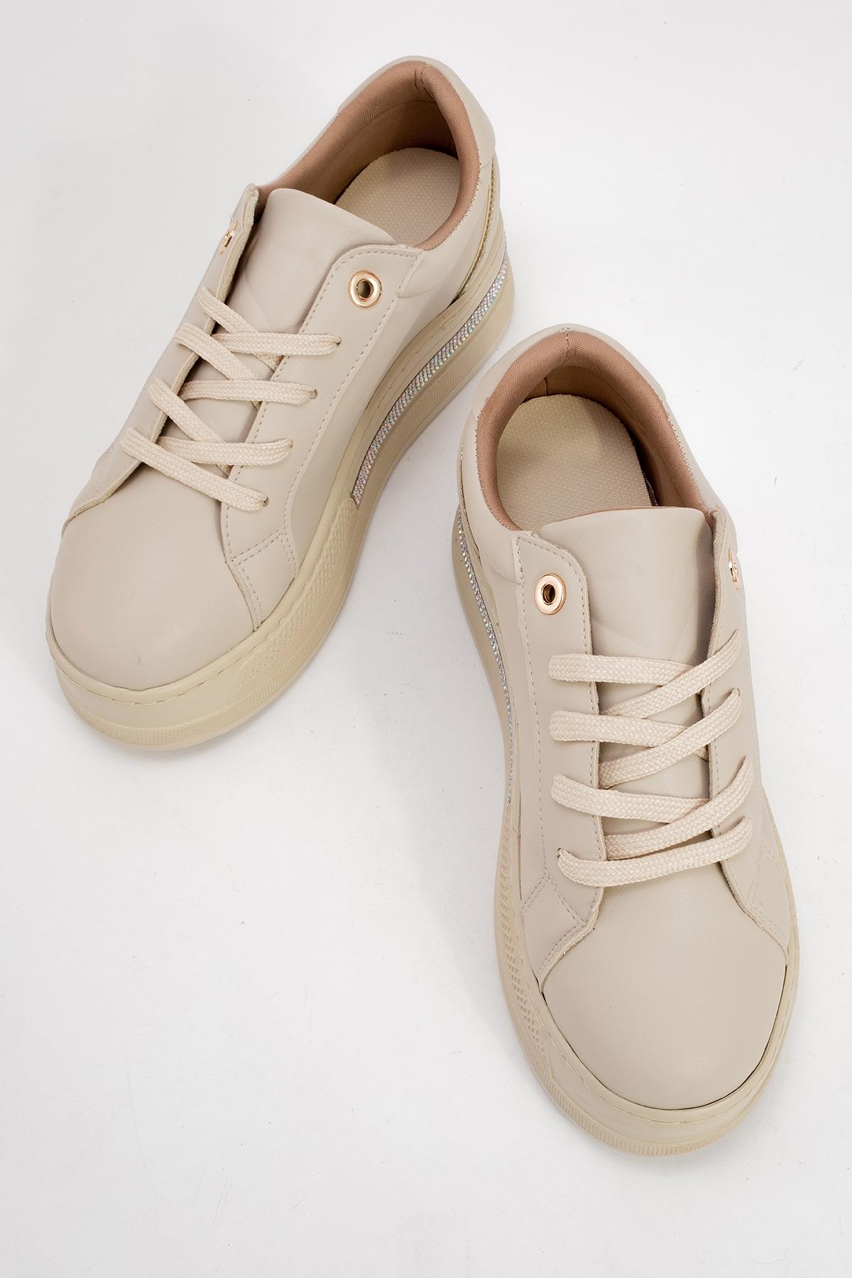 Poem - Beige Embellished Chunky Platform Sneaker – side view showing leather, Vowalisse