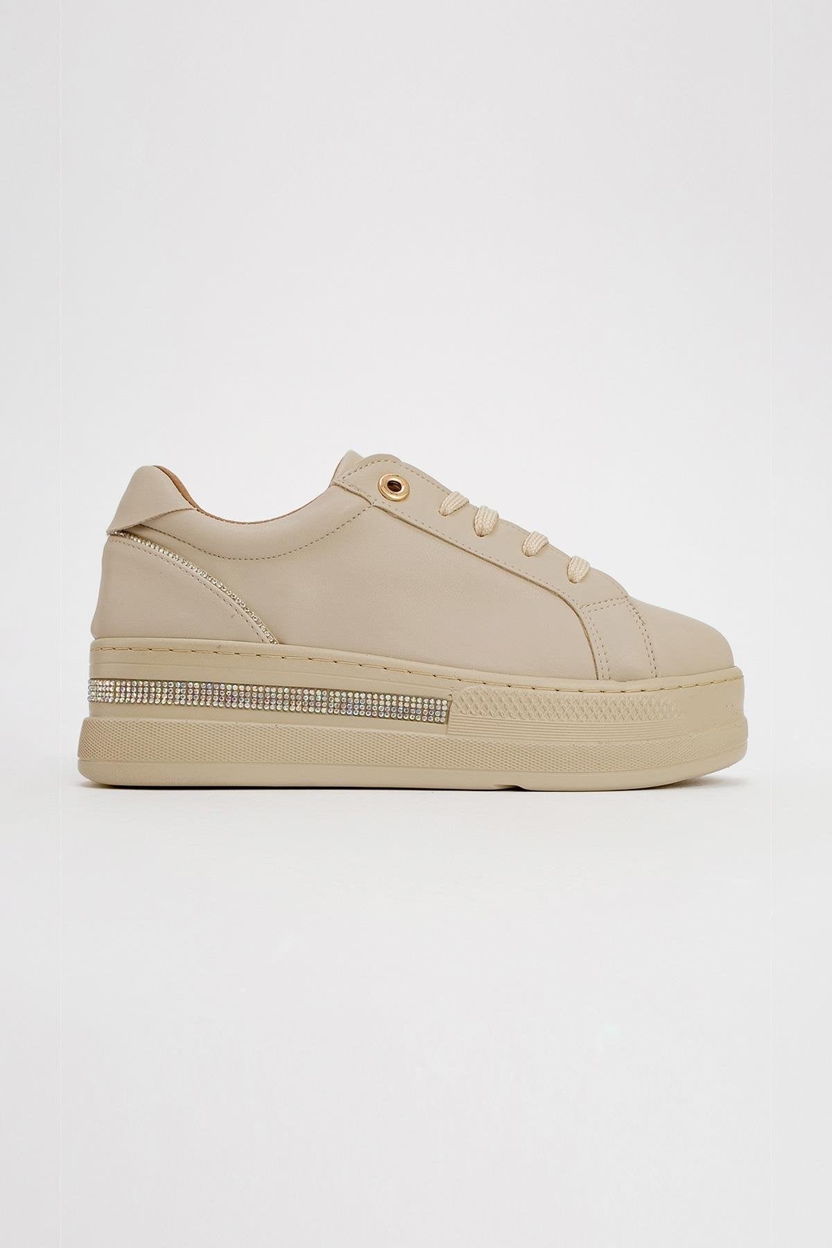 Poem - Beige Embellished Chunky Platform Sneaker – heel view showing leather, Vowalisse