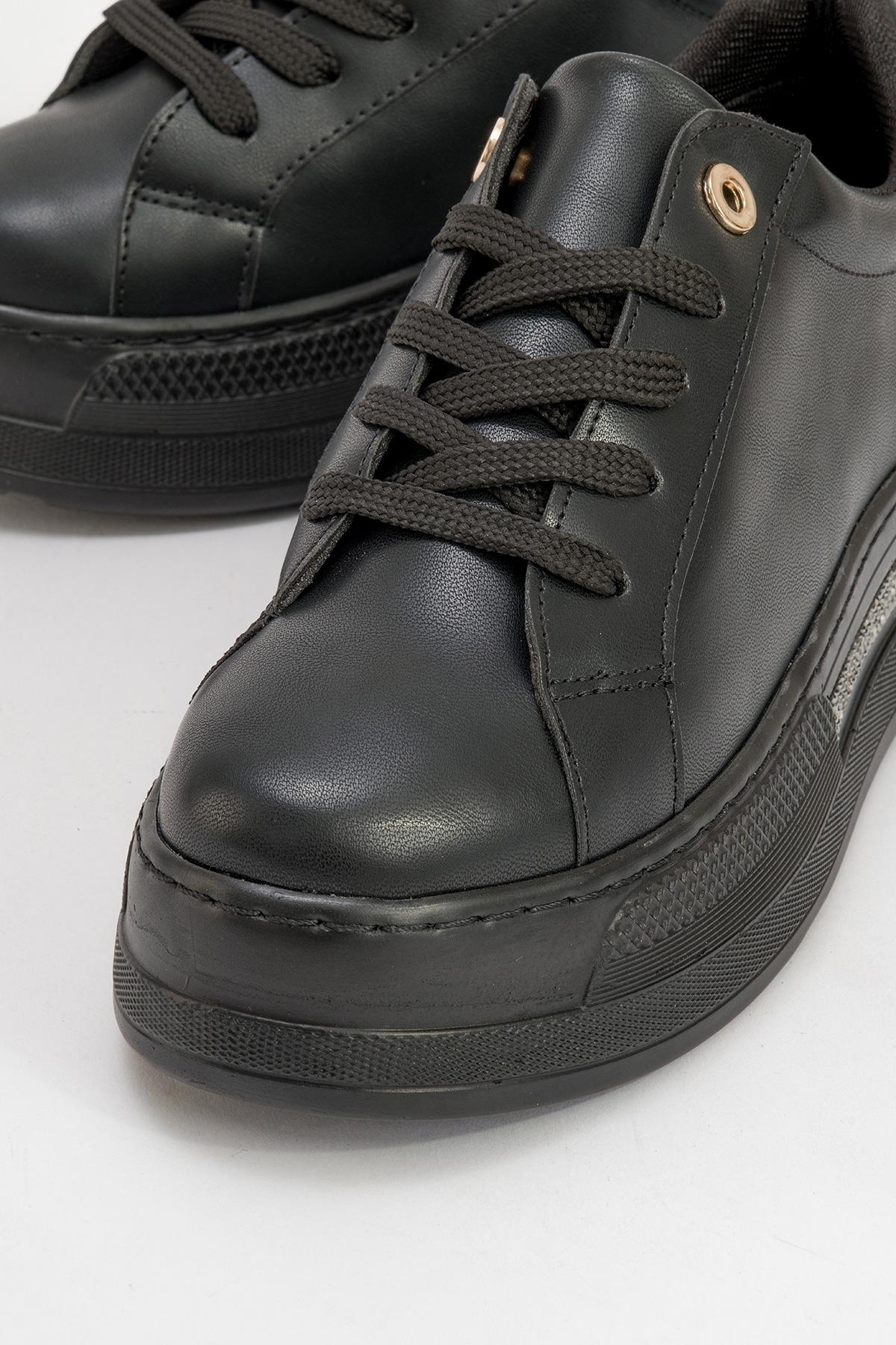 Poem - Black Embellished Chunky Platform Sneaker – detail view showing leather, black, Vowalisse