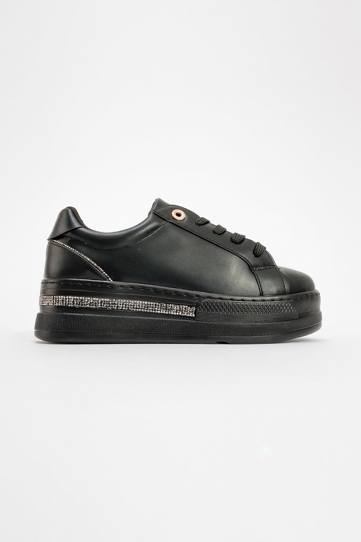 Poem - Black Embellished Chunky Platform Sneaker – heel view showing leather, black, Vowalisse