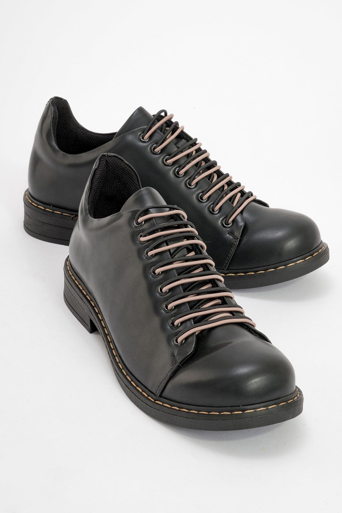 Festy - Black Elastic Lace-Up Everyday Shoe – front three-quarter view showing lace, leather, black, Vowalisse