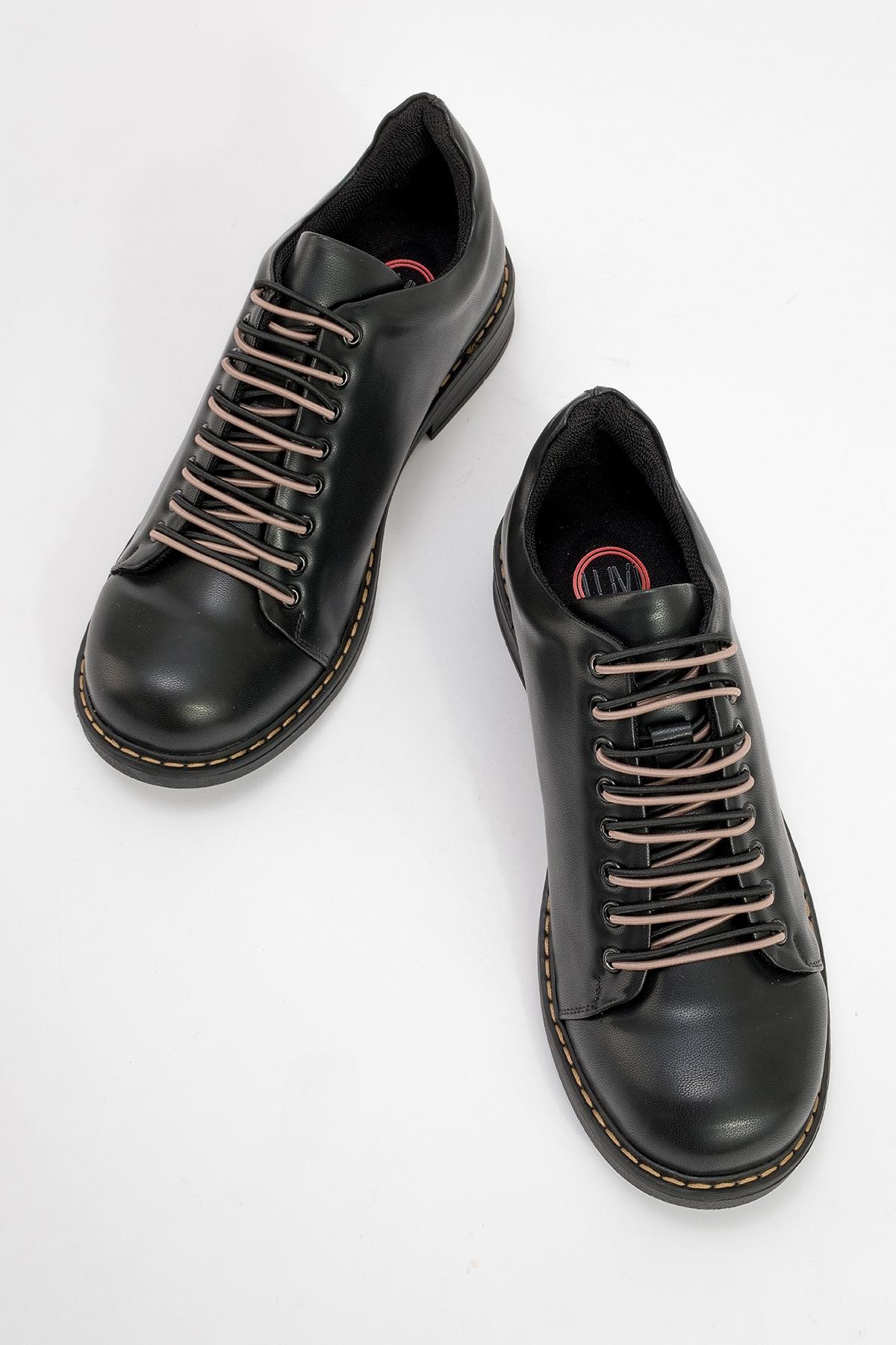 Festy - Black Elastic Lace-Up Everyday Shoe – side view showing lace, leather, black, Vowalisse