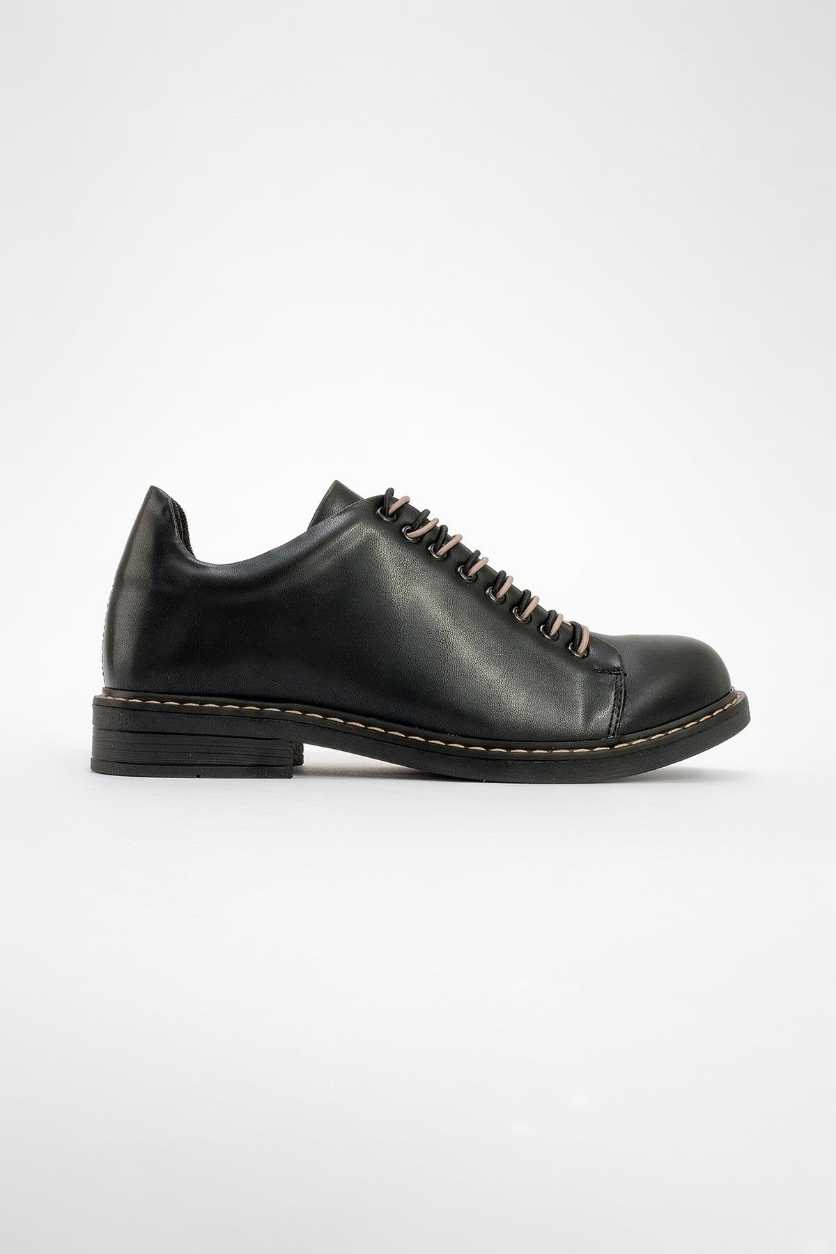 Festy - Black Elastic Lace-Up Everyday Shoe – heel view showing lace, leather, black, Vowalisse